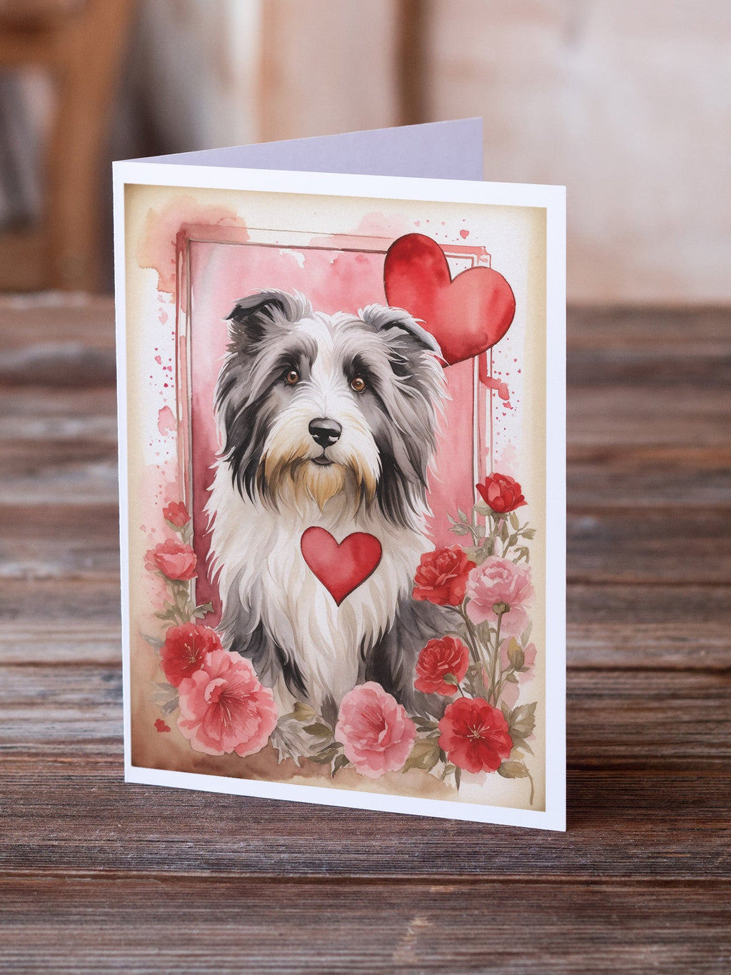 Bearded Collie Valentine Roses Greeting Cards Pack of 8 Blank Cards with Envelopes Whimsical A7 Size 5x7