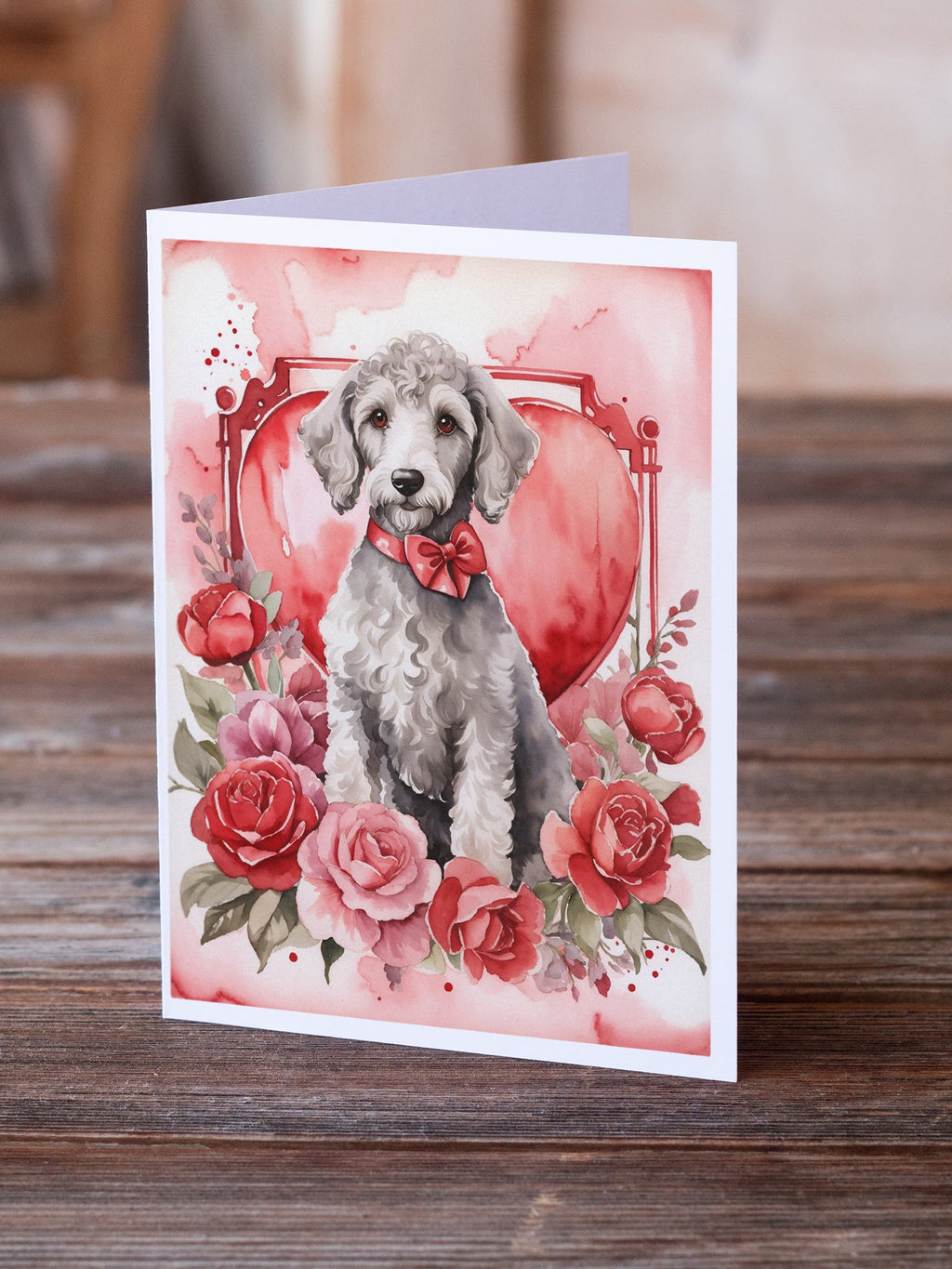 Bedlington Terrier Valentine Roses Greeting Cards Pack of 8 Blank Cards with Envelopes Whimsical A7 Size 5x7