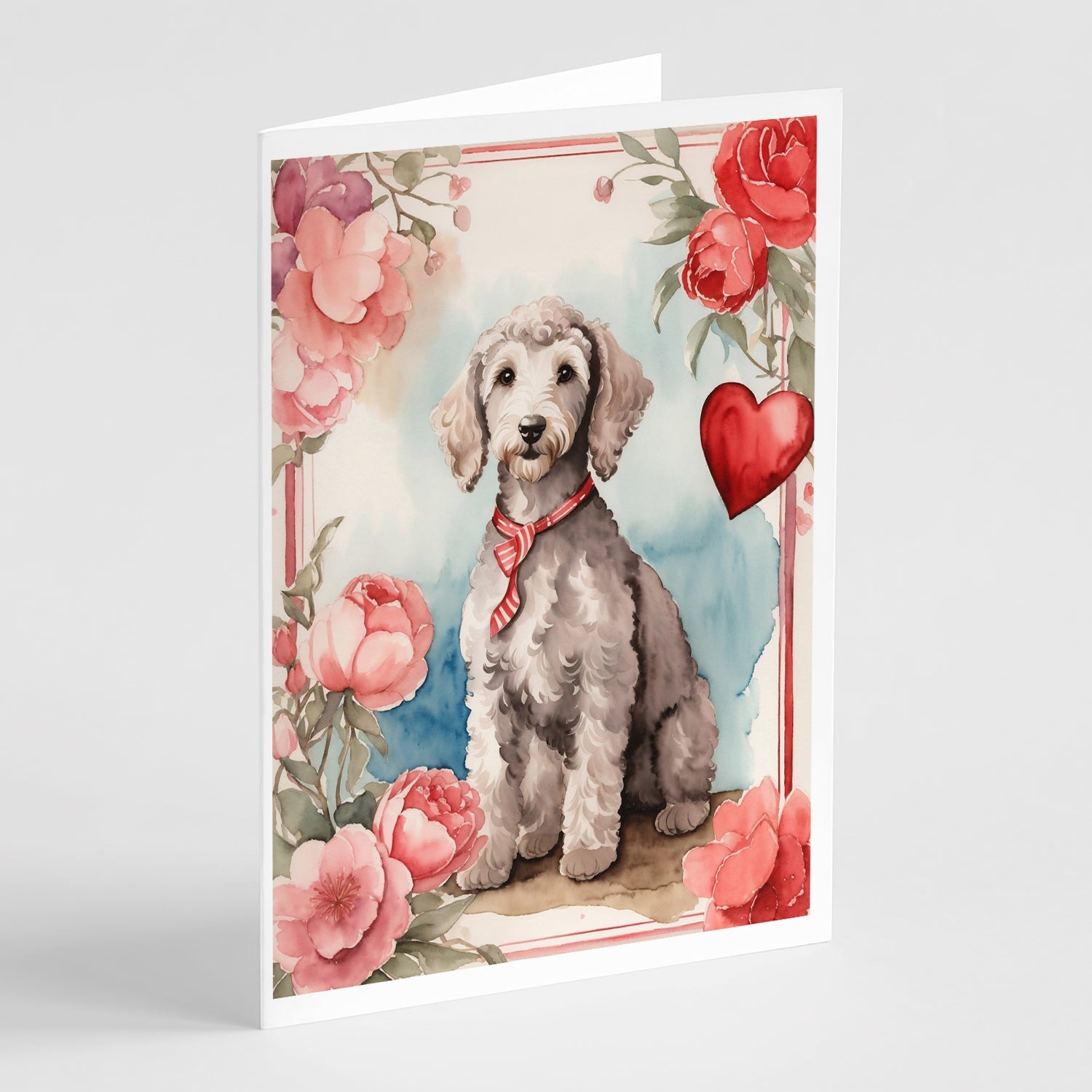 Bedlington Terrier Valentine Roses Greeting Cards Pack of 8 Blank Cards with Envelopes Whimsical A7 Size 5x7