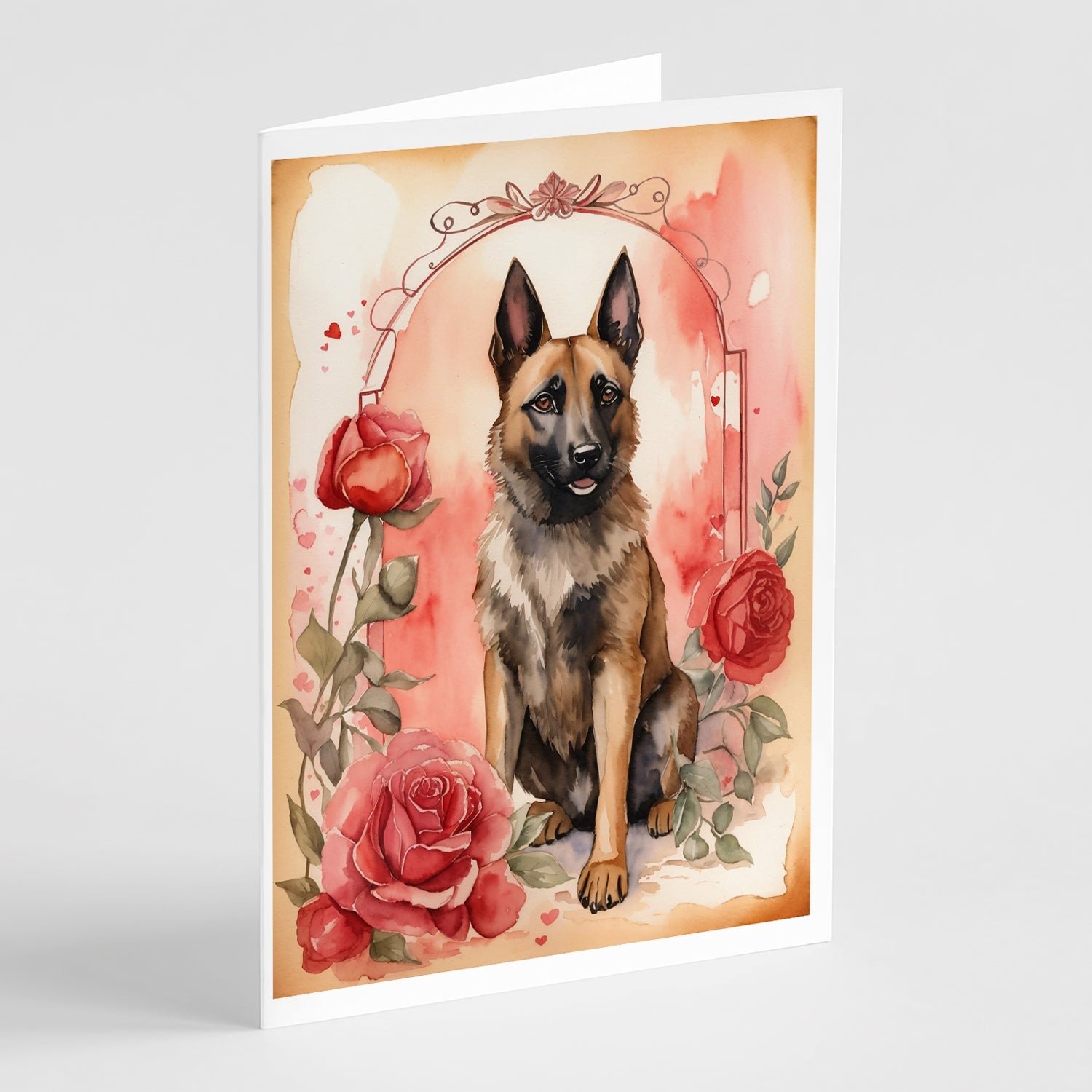 Belgian Malinois Valentine Roses Greeting Cards Pack of 8 Blank Cards with Envelopes Whimsical A7 Size 5x7