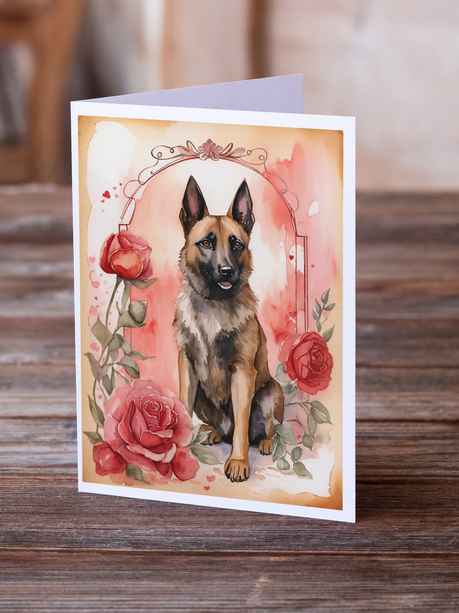 Belgian Malinois Valentine Roses Greeting Cards Pack of 8 Blank Cards with Envelopes Whimsical A7 Size 5x7