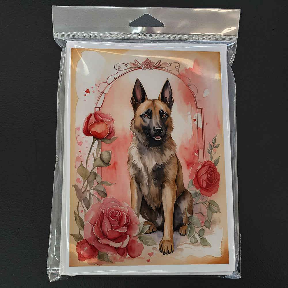 Belgian Malinois Valentine Roses Greeting Cards Pack of 8 Blank Cards with Envelopes Whimsical A7 Size 5x7
