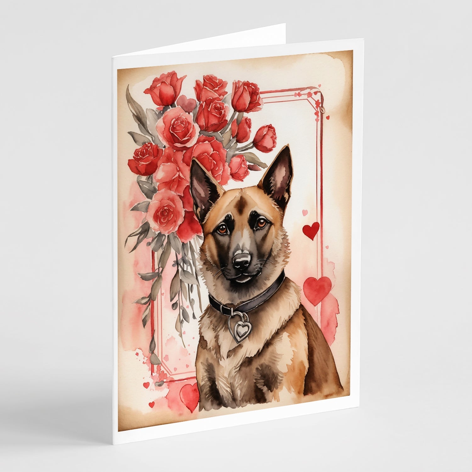 Belgian Malinois Valentine Roses Greeting Cards Pack of 8 Blank Cards with Envelopes Whimsical A7 Size 5x7