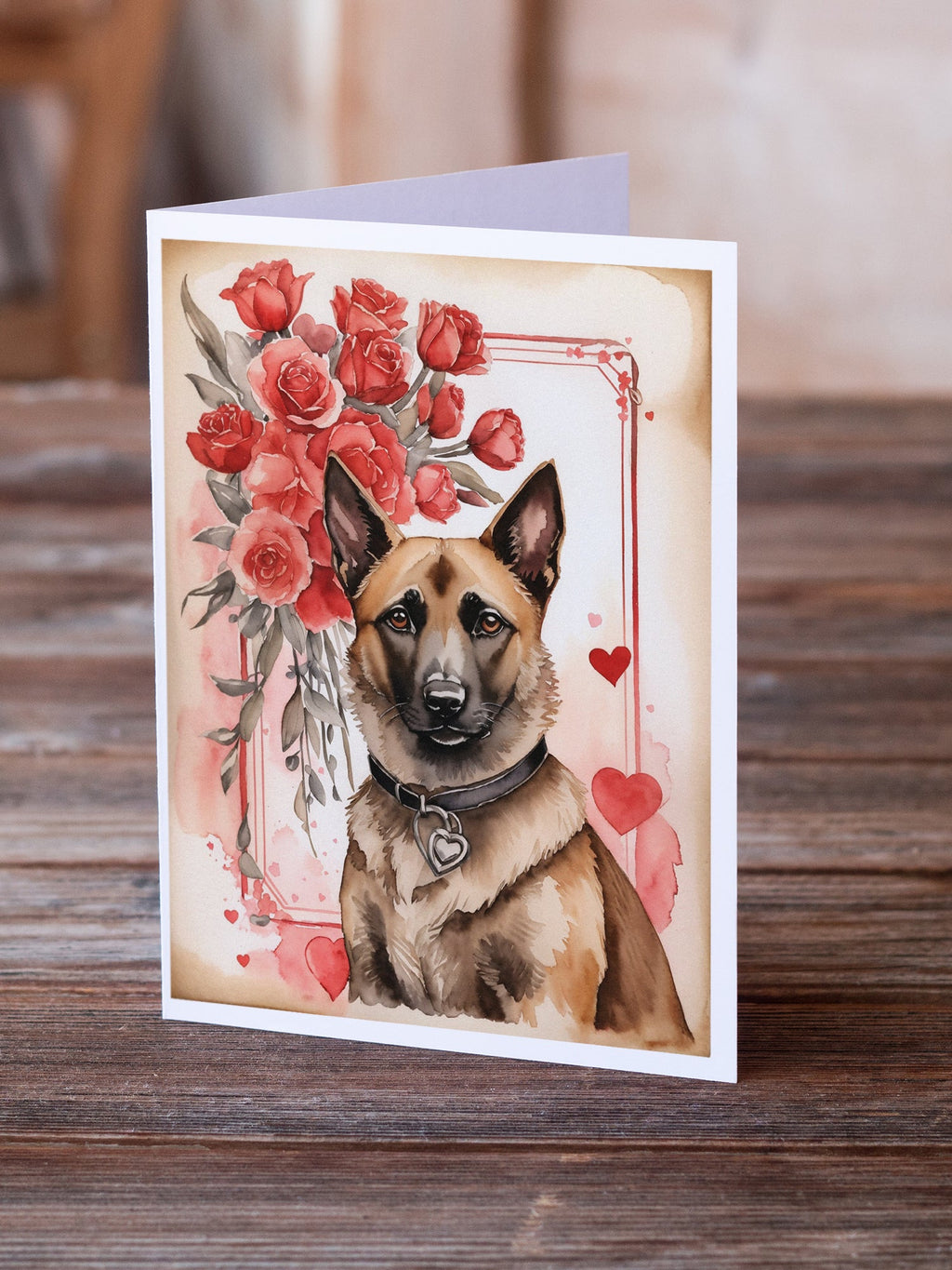 Belgian Malinois Valentine Roses Greeting Cards Pack of 8 Blank Cards with Envelopes Whimsical A7 Size 5x7