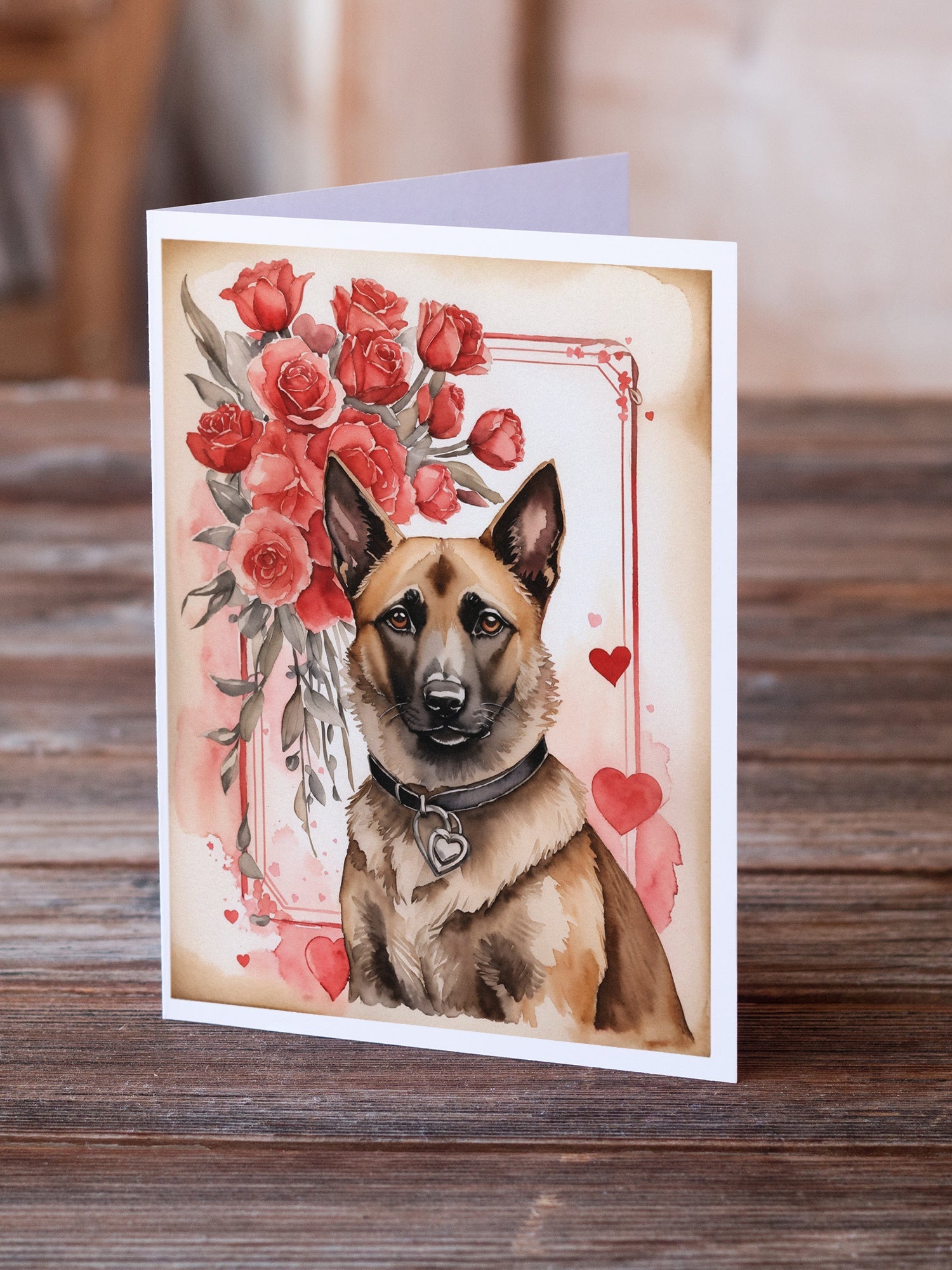 Belgian Malinois Valentine Roses Greeting Cards Pack of 8 Blank Cards with Envelopes Whimsical A7 Size 5x7