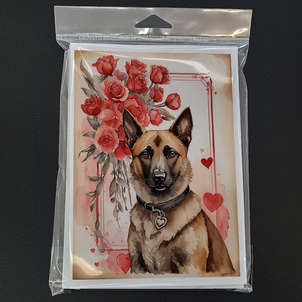 Belgian Malinois Valentine Roses Greeting Cards Pack of 8 Blank Cards with Envelopes Whimsical A7 Size 5x7