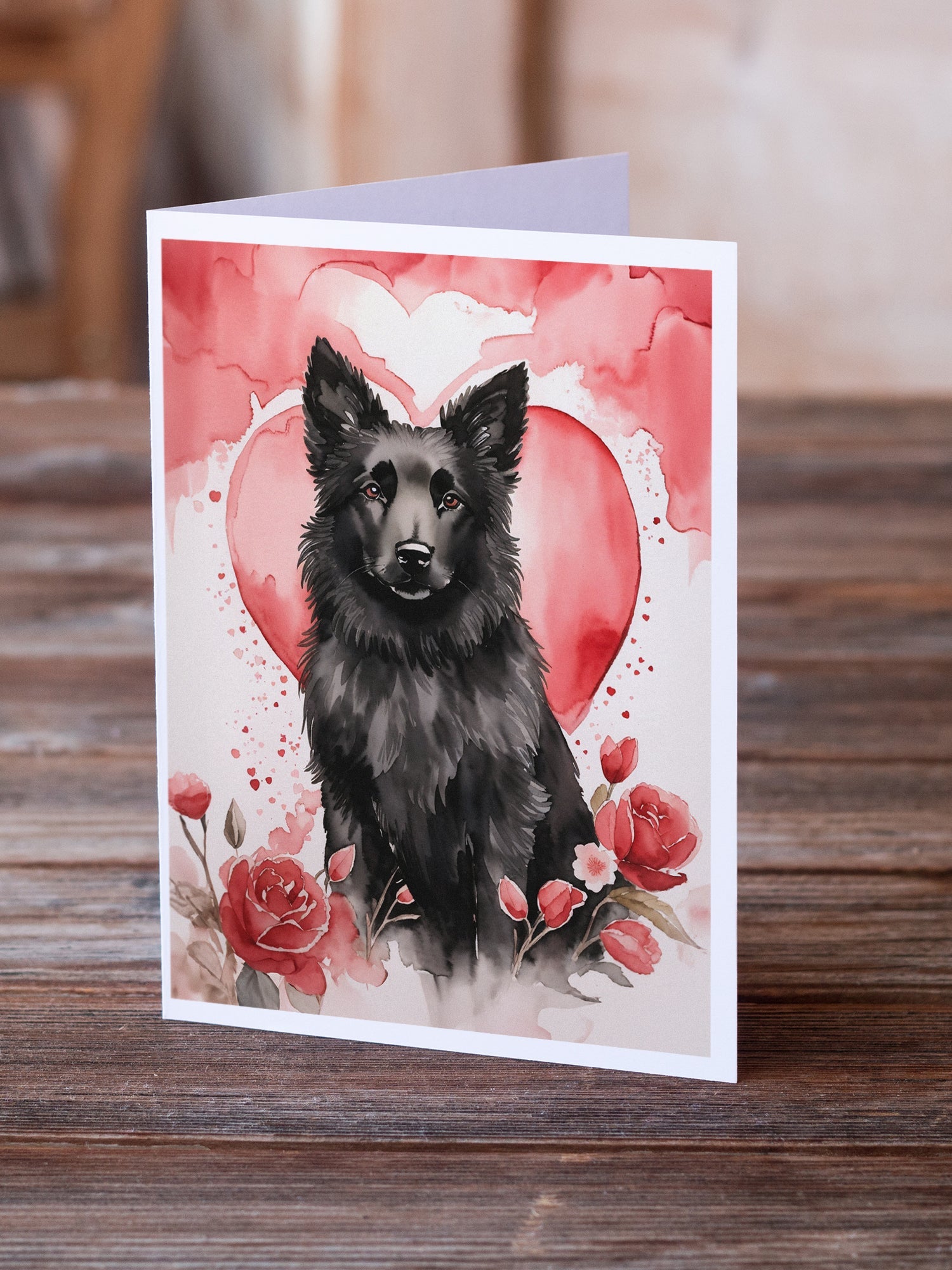 Belgian Sheepdog Valentine Roses Greeting Cards Pack of 8 Blank Cards with Envelopes Whimsical A7 Size 5x7