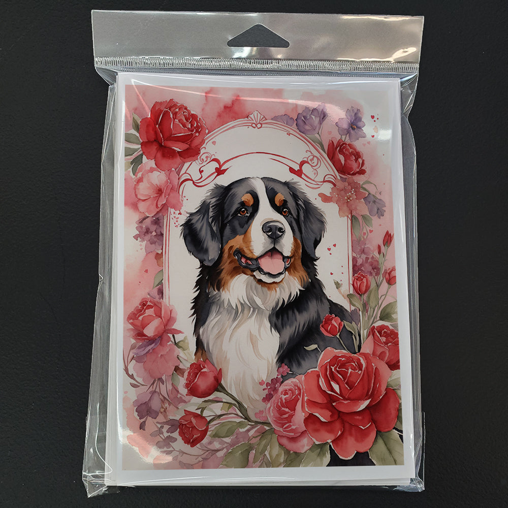 Bernese Mountain Dog Valentine Roses Greeting Cards Pack of 8 Blank Cards with Envelopes Whimsical A7 Size 5x7