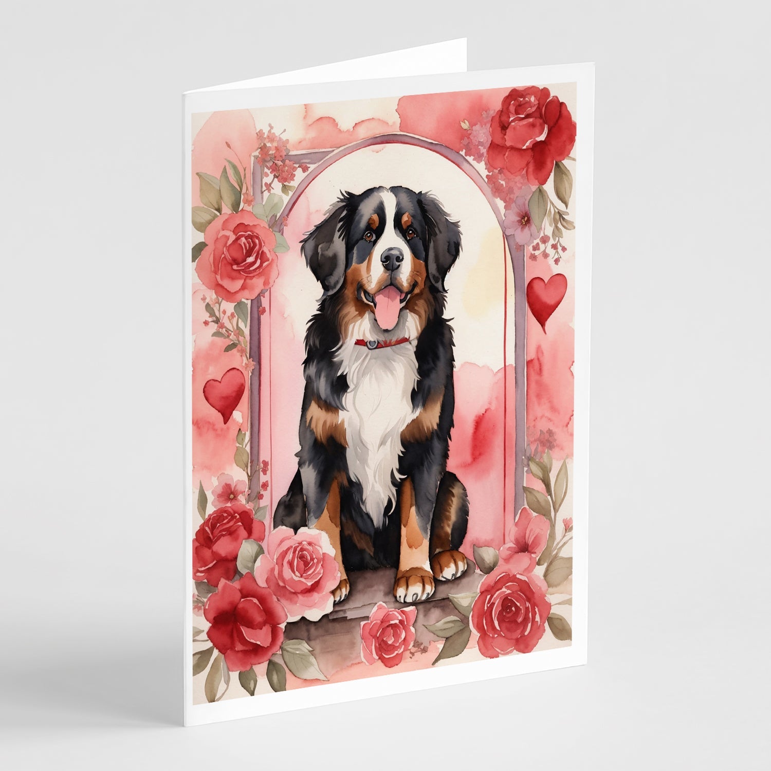 Bernese Mountain Dog Valentine Roses Greeting Cards Pack of 8 Blank Cards with Envelopes Whimsical A7 Size 5x7