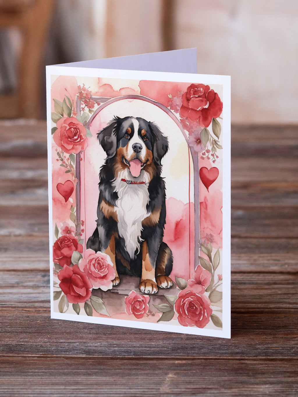 Bernese Mountain Dog Valentine Roses Greeting Cards Pack of 8 Blank Cards with Envelopes Whimsical A7 Size 5x7