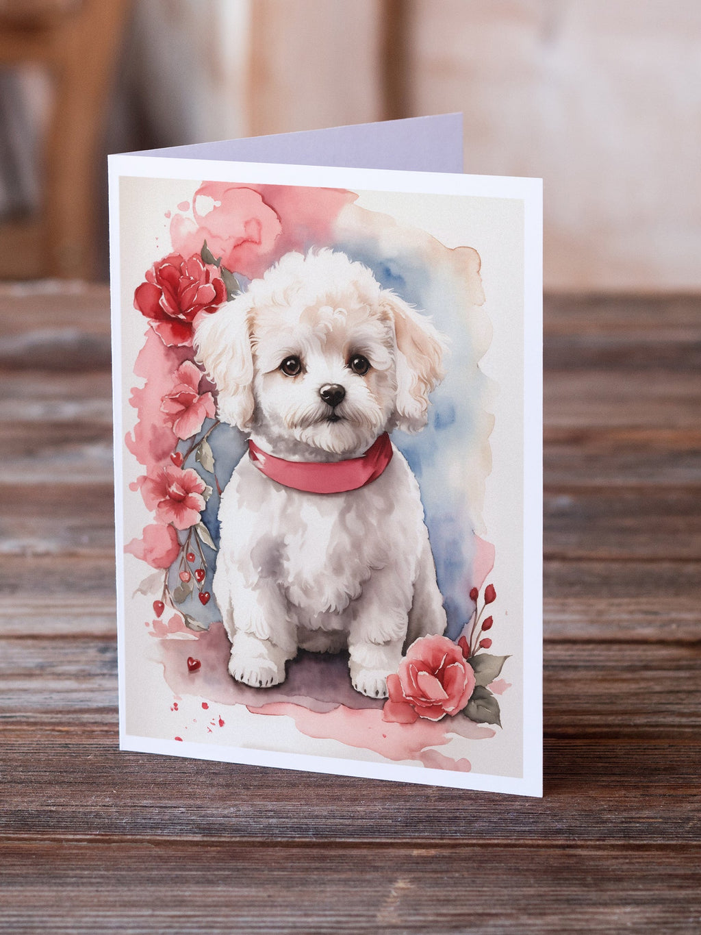 Bichon Frise Valentine Roses Greeting Cards Pack of 8 Blank Cards with Envelopes Whimsical A7 Size 5x7