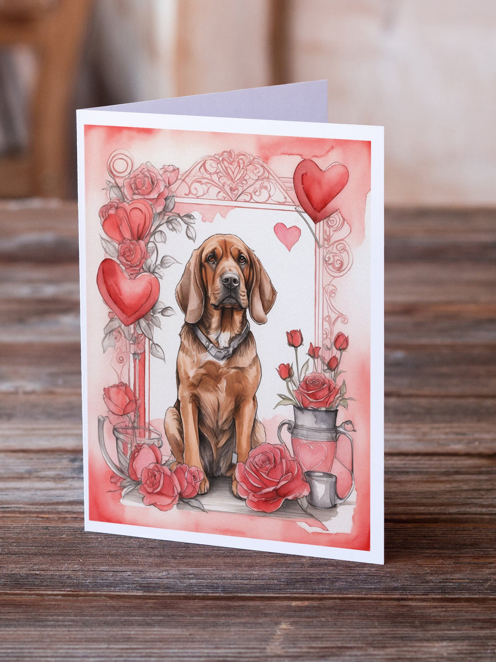 Bloodhound Valentine Roses Greeting Cards Pack of 8 Blank Cards with Envelopes Whimsical A7 Size 5x7