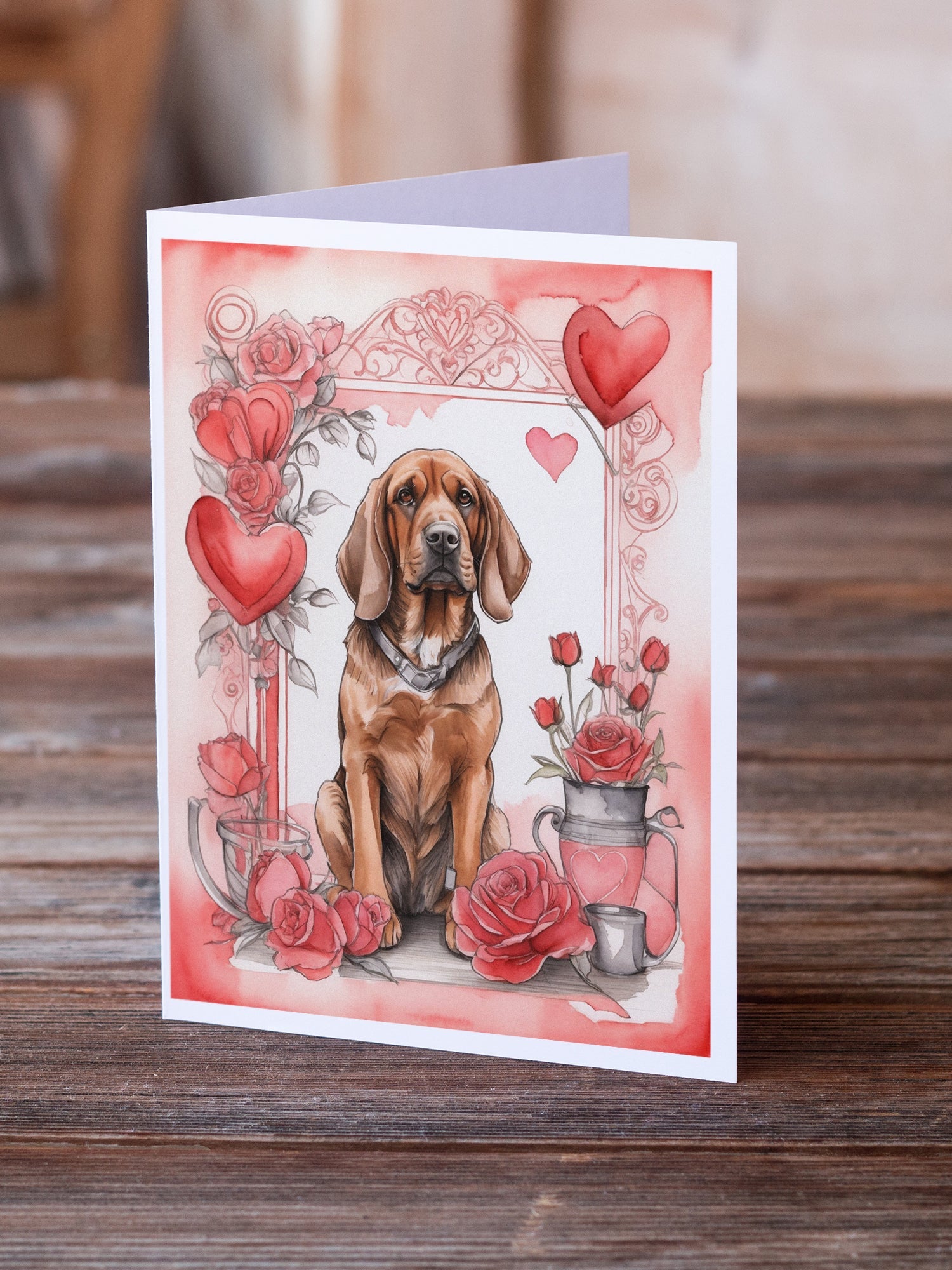 Bloodhound Valentine Roses Greeting Cards Pack of 8 Blank Cards with Envelopes Whimsical A7 Size 5x7