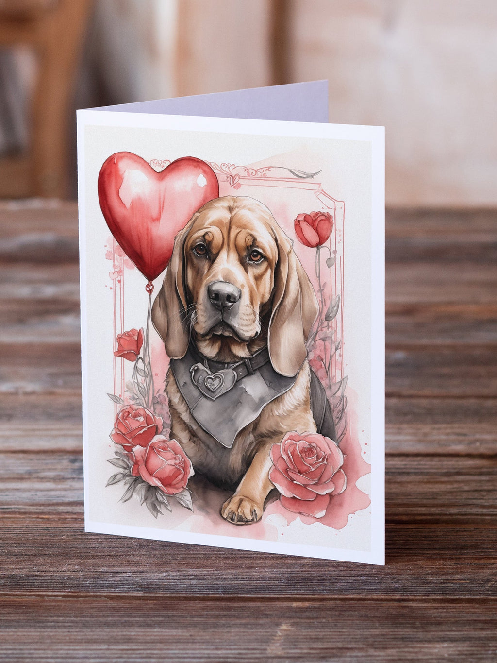 Bloodhound Valentine Roses Greeting Cards Pack of 8 Blank Cards with Envelopes Whimsical A7 Size 5x7
