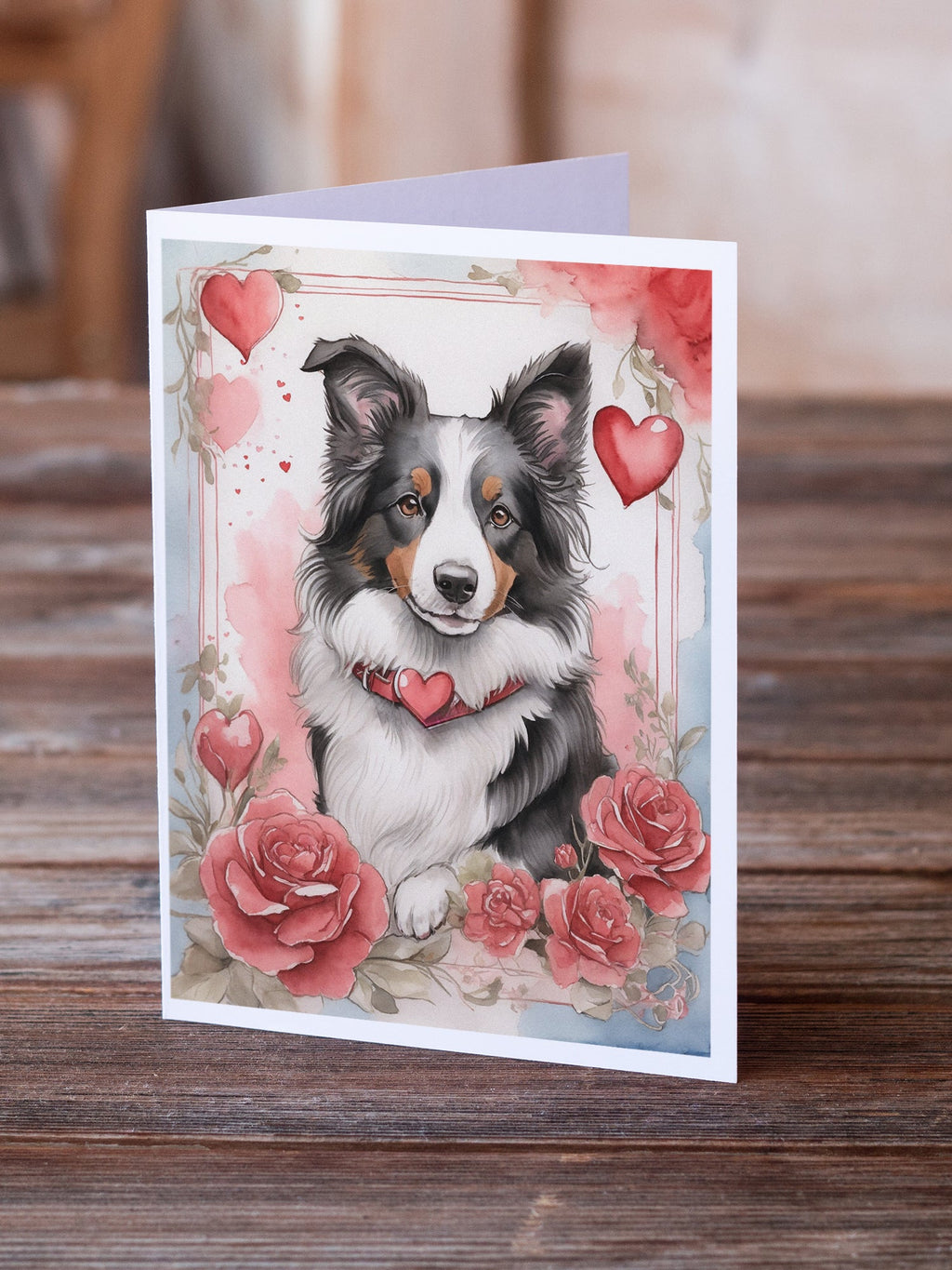 Border Collie Valentine Roses Greeting Cards Pack of 8 Blank Cards with Envelopes Whimsical A7 Size 5x7