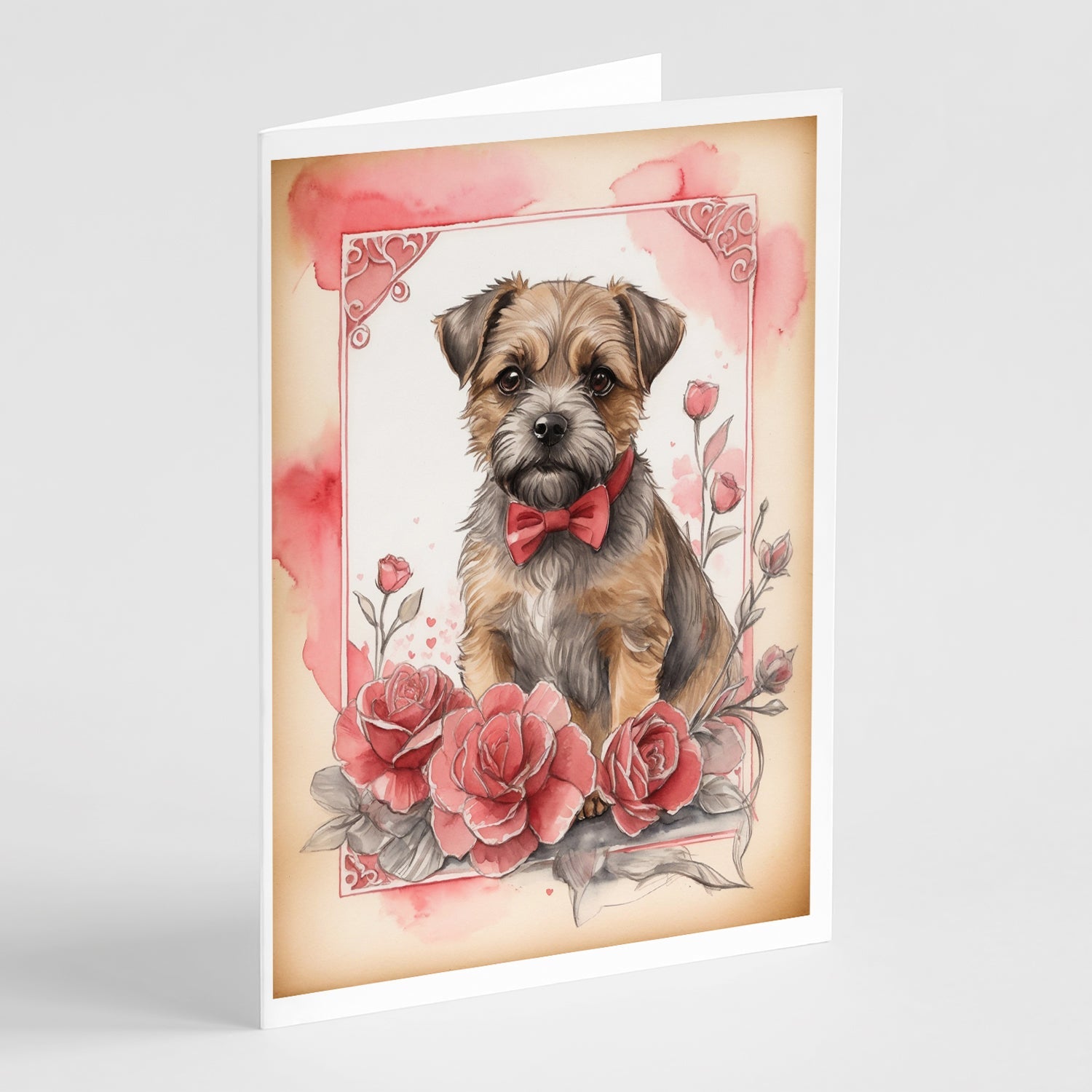 Border Terrier Valentine Roses Greeting Cards Pack of 8 Blank Cards with Envelopes Whimsical A7 Size 5x7
