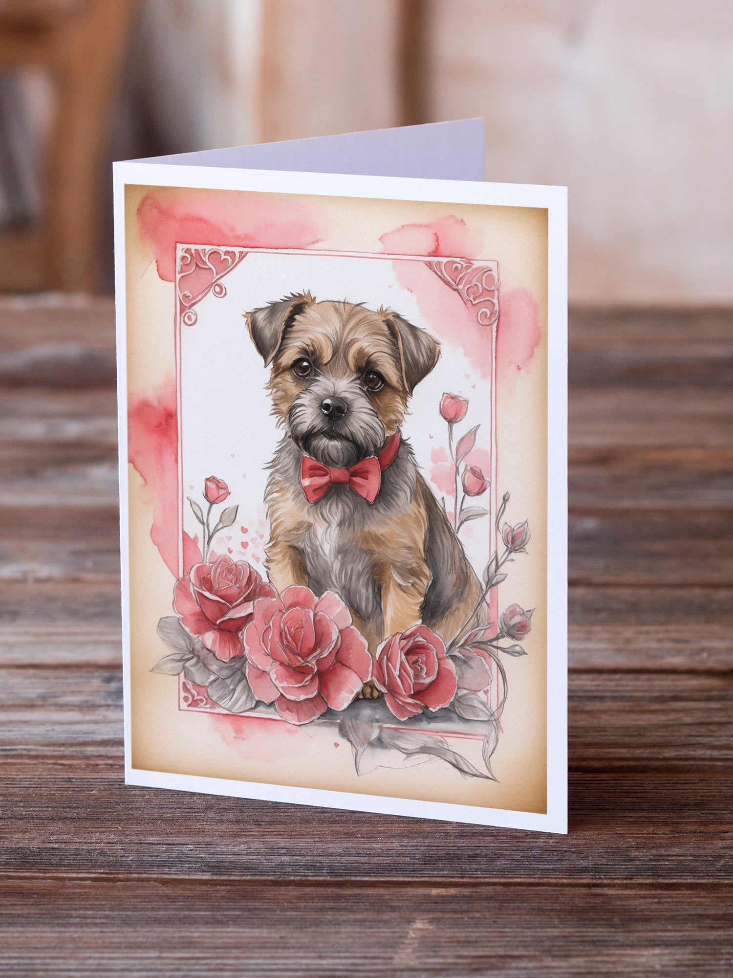 Border Terrier Valentine Roses Greeting Cards Pack of 8 Blank Cards with Envelopes Whimsical A7 Size 5x7