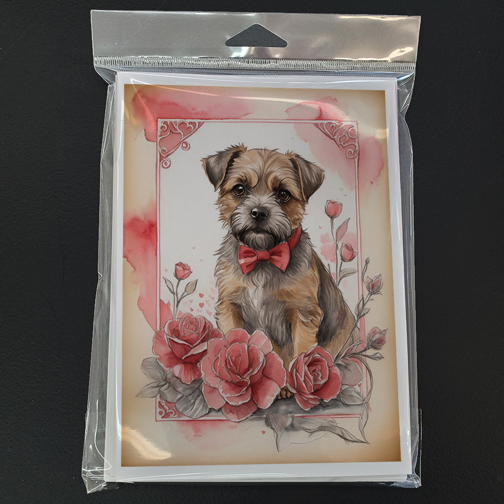 Border Terrier Valentine Roses Greeting Cards Pack of 8 Blank Cards with Envelopes Whimsical A7 Size 5x7