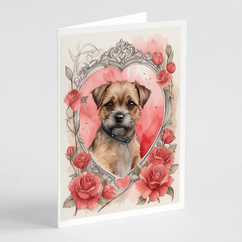 Border Terrier Valentine Roses Greeting Cards Pack of 8 Blank Cards with Envelopes Whimsical A7 Size 5x7