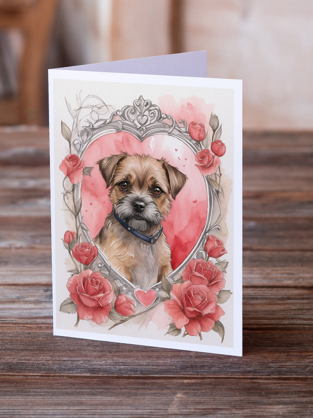 Border Terrier Valentine Roses Greeting Cards Pack of 8 Blank Cards with Envelopes Whimsical A7 Size 5x7