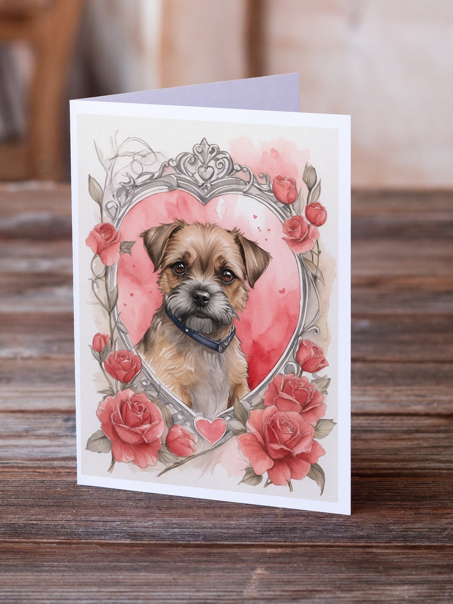 Border Terrier Valentine Roses Greeting Cards Pack of 8 Blank Cards with Envelopes Whimsical A7 Size 5x7