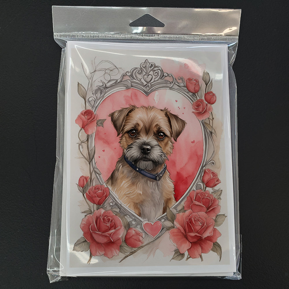 Border Terrier Valentine Roses Greeting Cards Pack of 8 Blank Cards with Envelopes Whimsical A7 Size 5x7
