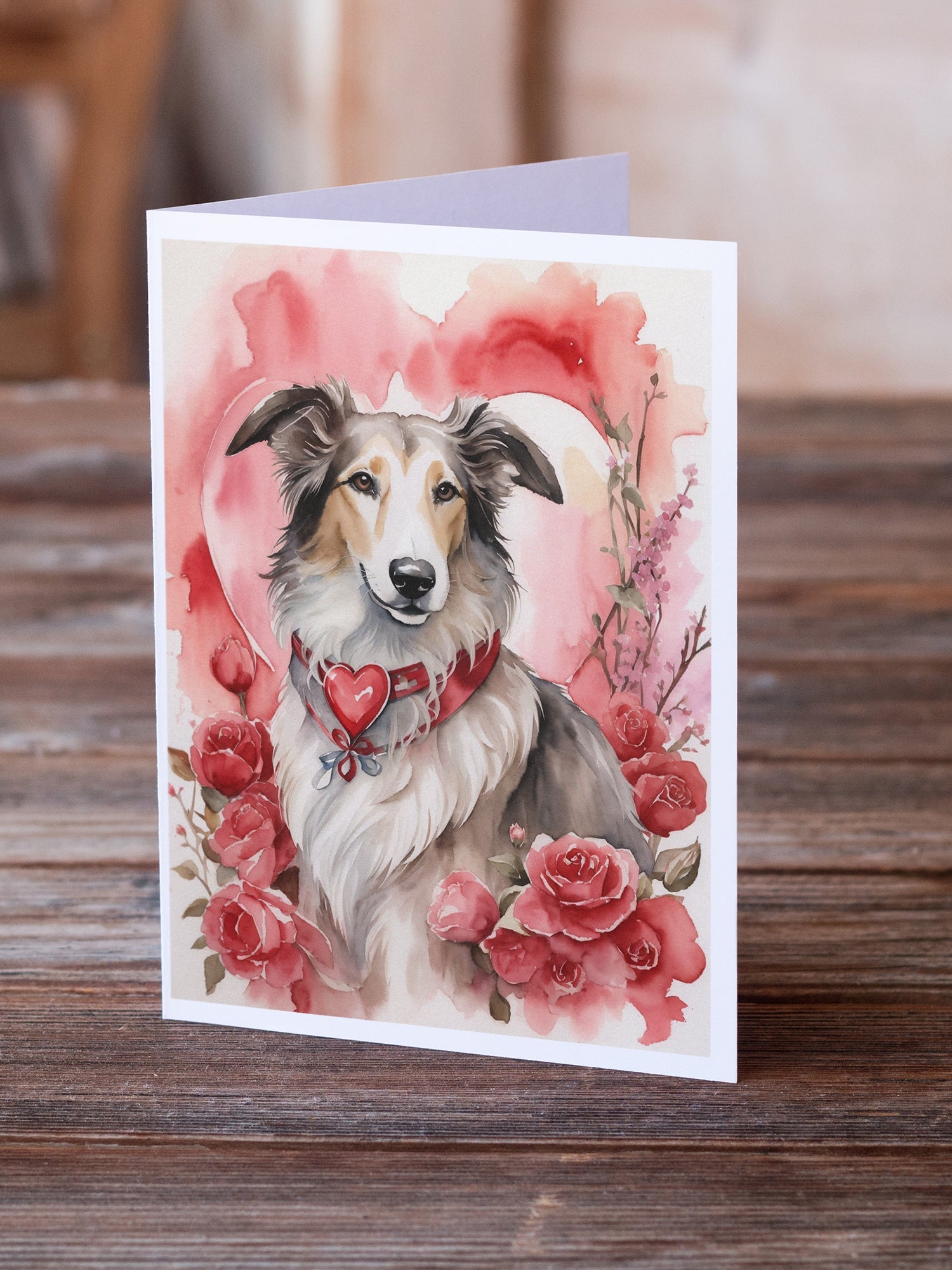 Borzoi Valentine Roses Greeting Cards Pack of 8 Blank Cards with Envelopes Whimsical A7 Size 5x7