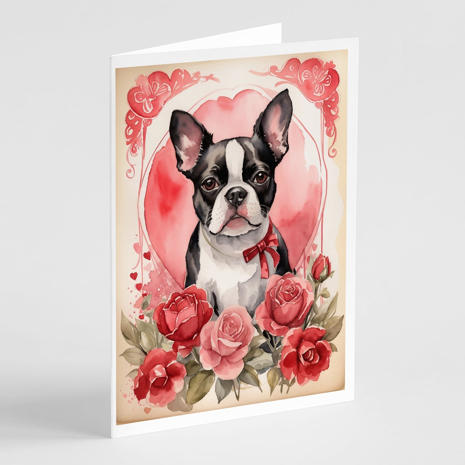 Boston Terrier Valentine Roses Greeting Cards Pack of 8 Blank Cards with Envelopes Whimsical A7 Size 5x7