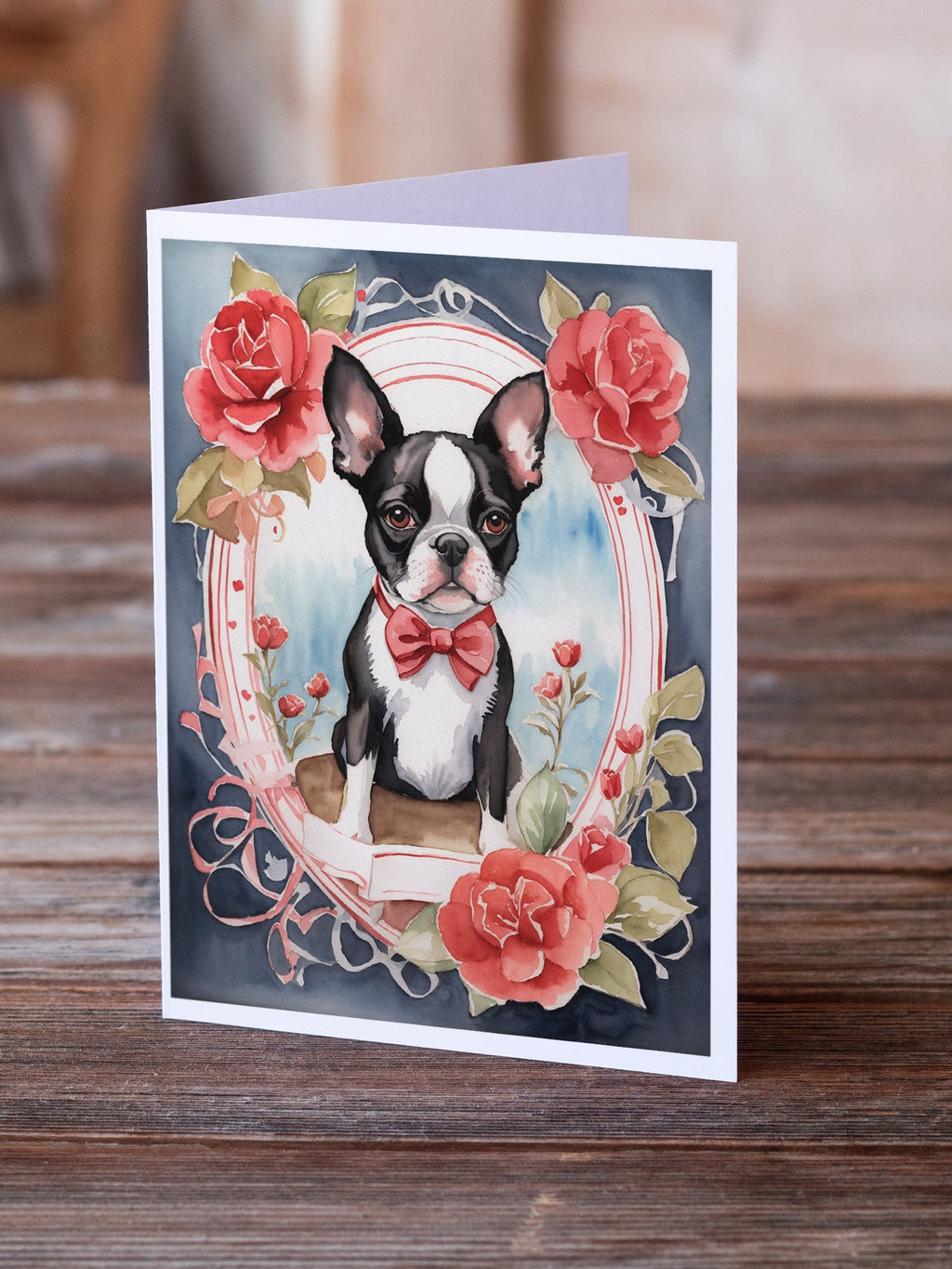Boston Terrier Valentine Roses Greeting Cards Pack of 8 Blank Cards with Envelopes Whimsical A7 Size 5x7