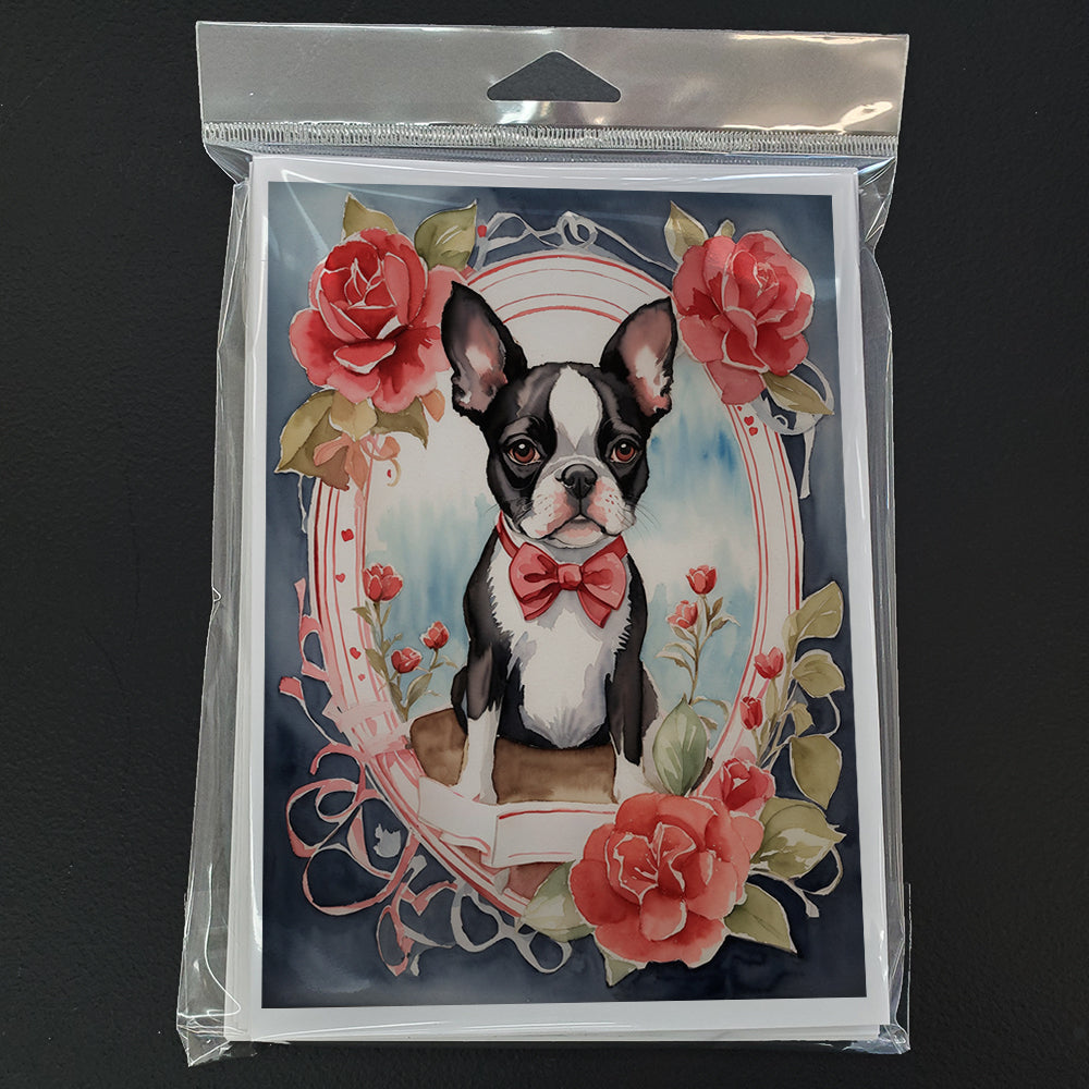 Boston Terrier Valentine Roses Greeting Cards Pack of 8 Blank Cards with Envelopes Whimsical A7 Size 5x7