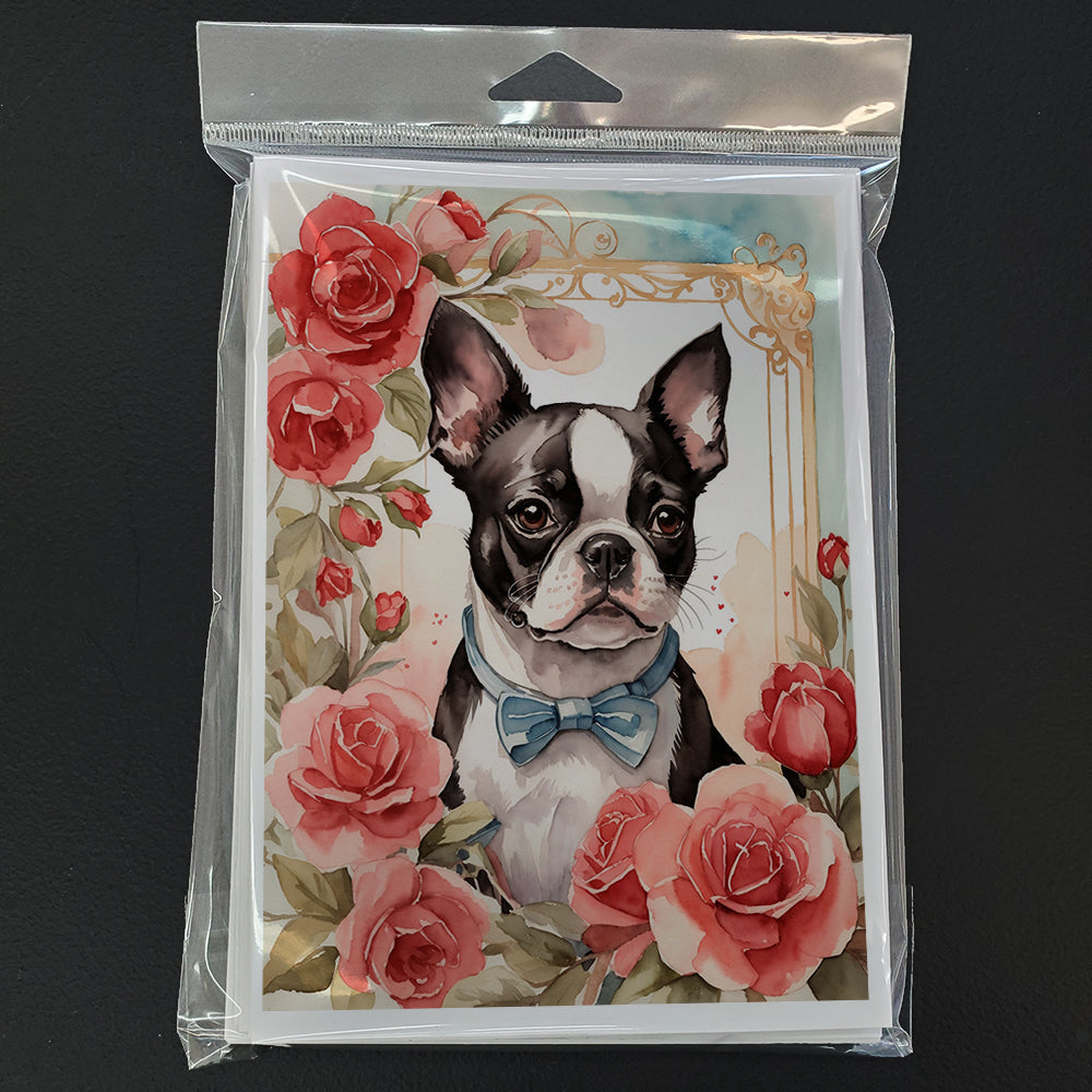 Boston Terrier Valentine Roses Greeting Cards Pack of 8 Blank Cards with Envelopes Whimsical A7 Size 5x7
