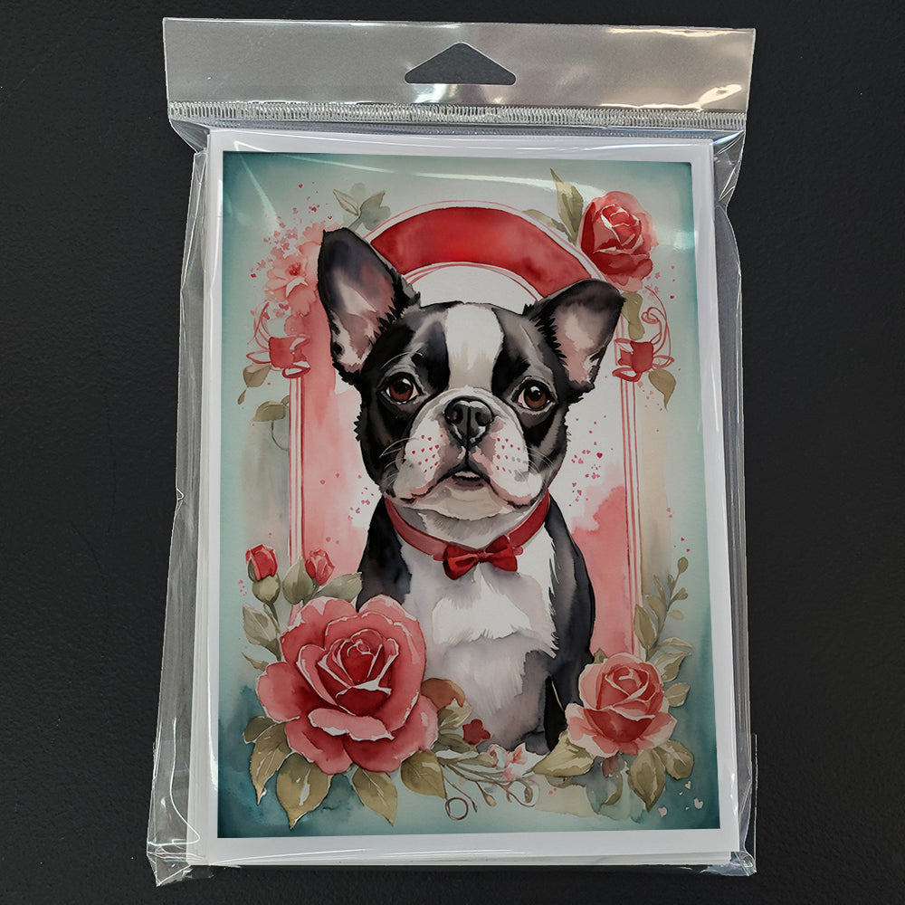 Boston Terrier Valentine Roses Greeting Cards Pack of 8 Blank Cards with Envelopes Whimsical A7 Size 5x7