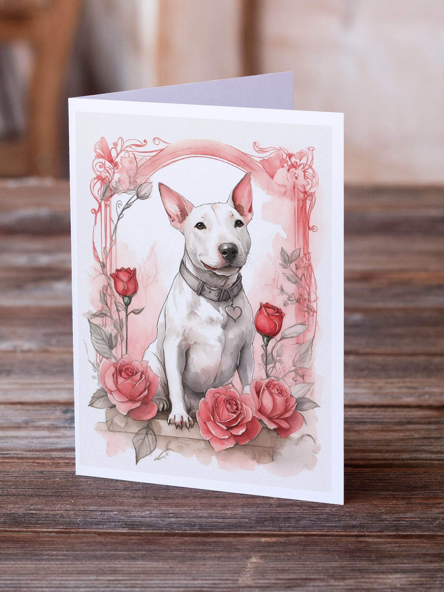 Bull Terrier Valentine Roses Greeting Cards Pack of 8 Blank Cards with Envelopes Whimsical A7 Size 5x7