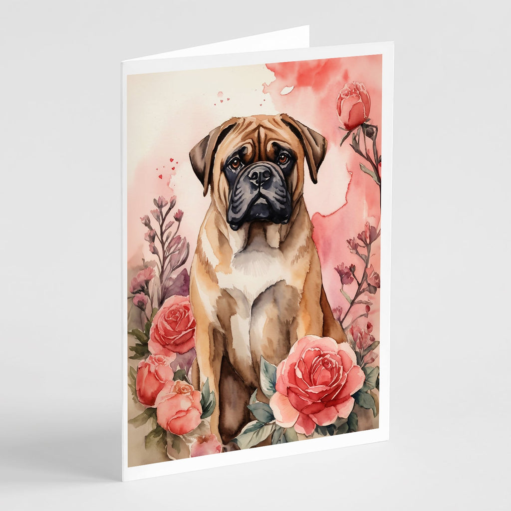 Bullmastiff Valentine Roses Greeting Cards Pack of 8 Blank Cards with Envelopes Whimsical A7 Size 5x7