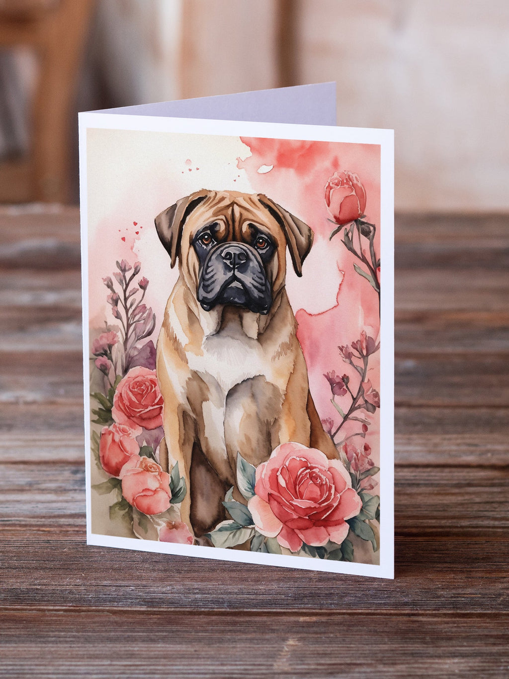 Bullmastiff Valentine Roses Greeting Cards Pack of 8 Blank Cards with Envelopes Whimsical A7 Size 5x7