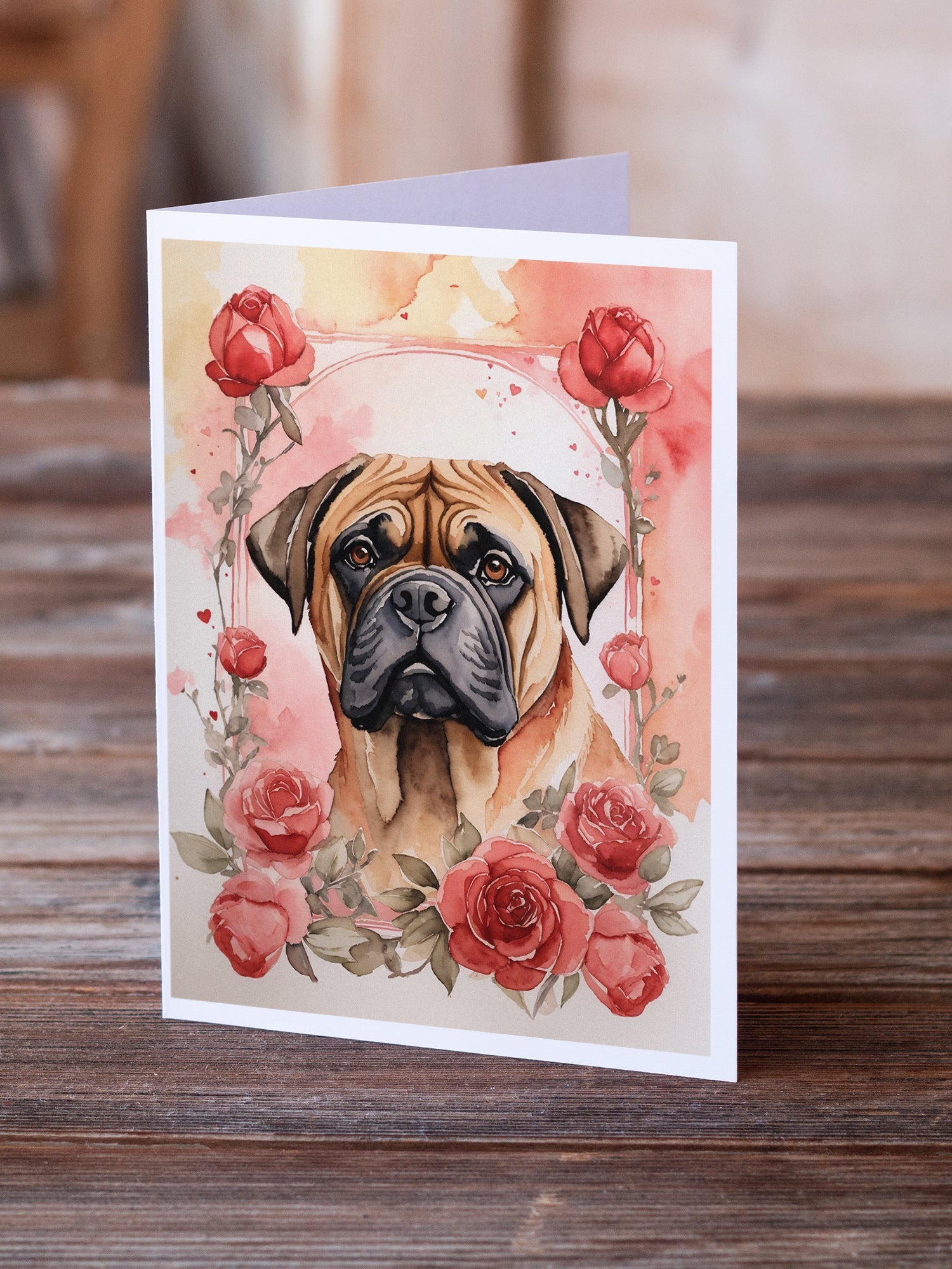 Bullmastiff Valentine Roses Greeting Cards Pack of 8 Blank Cards with Envelopes Whimsical A7 Size 5x7