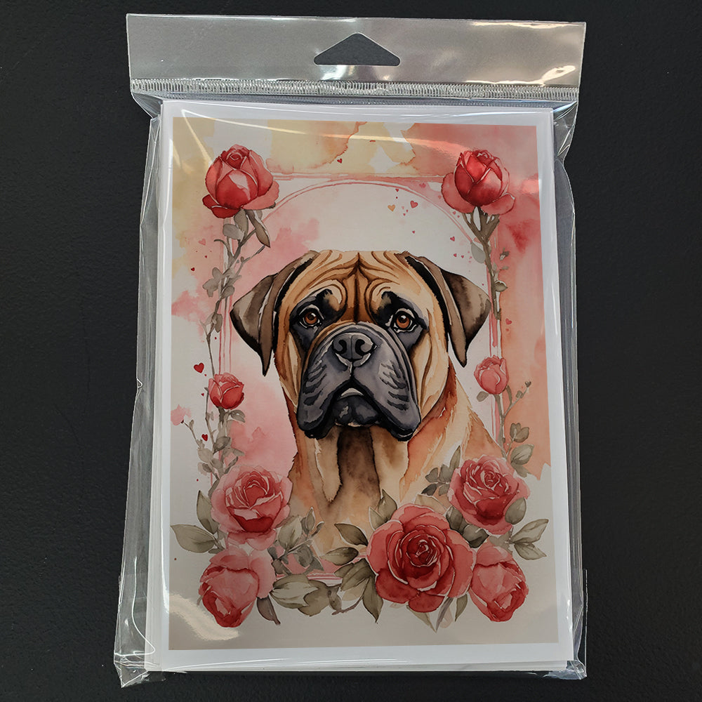 Bullmastiff Valentine Roses Greeting Cards Pack of 8 Blank Cards with Envelopes Whimsical A7 Size 5x7