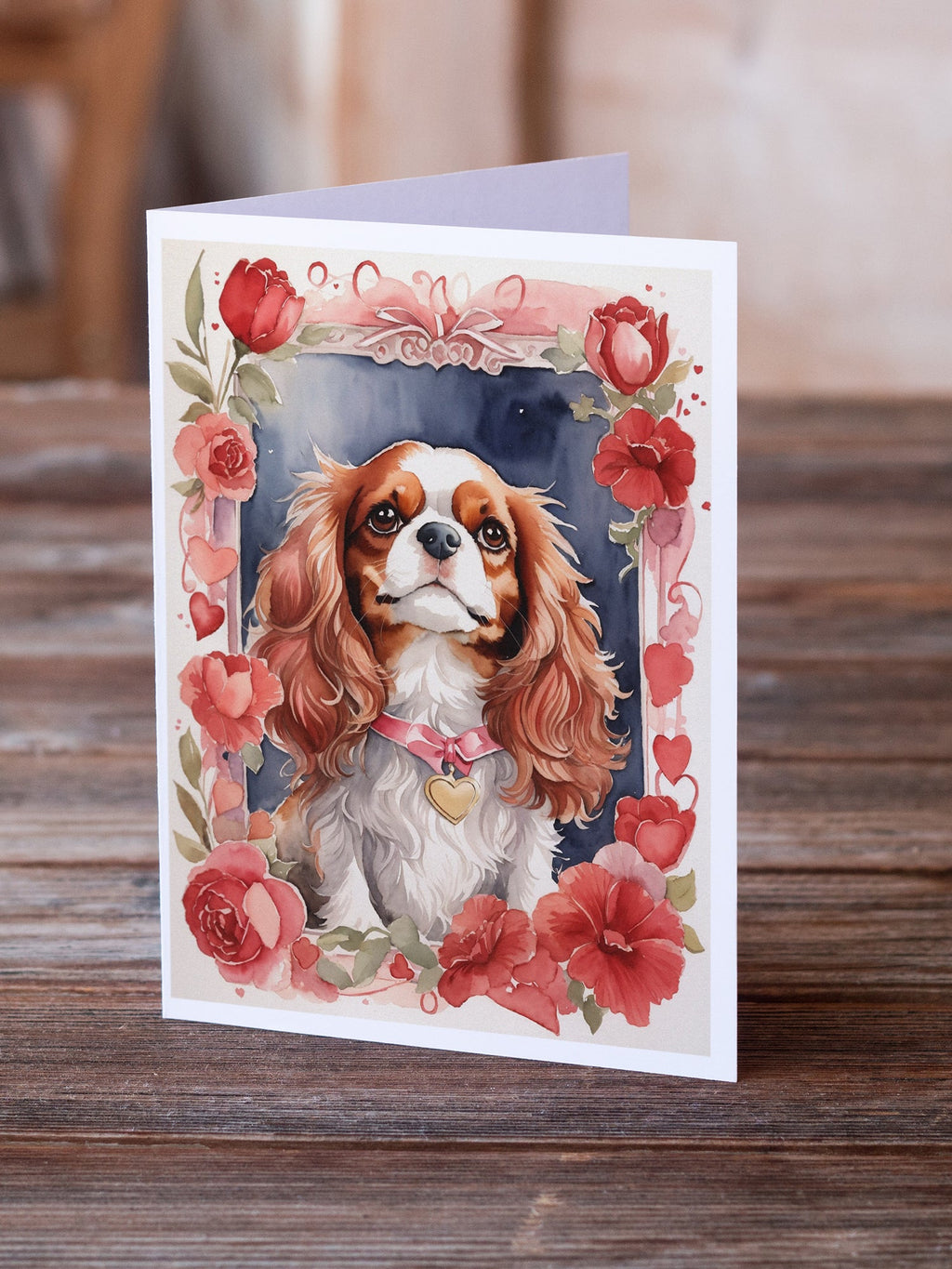 Cavalier Spaniel Valentine Roses Greeting Cards Pack of 8 Blank Cards with Envelopes Whimsical A7 Size 5x7