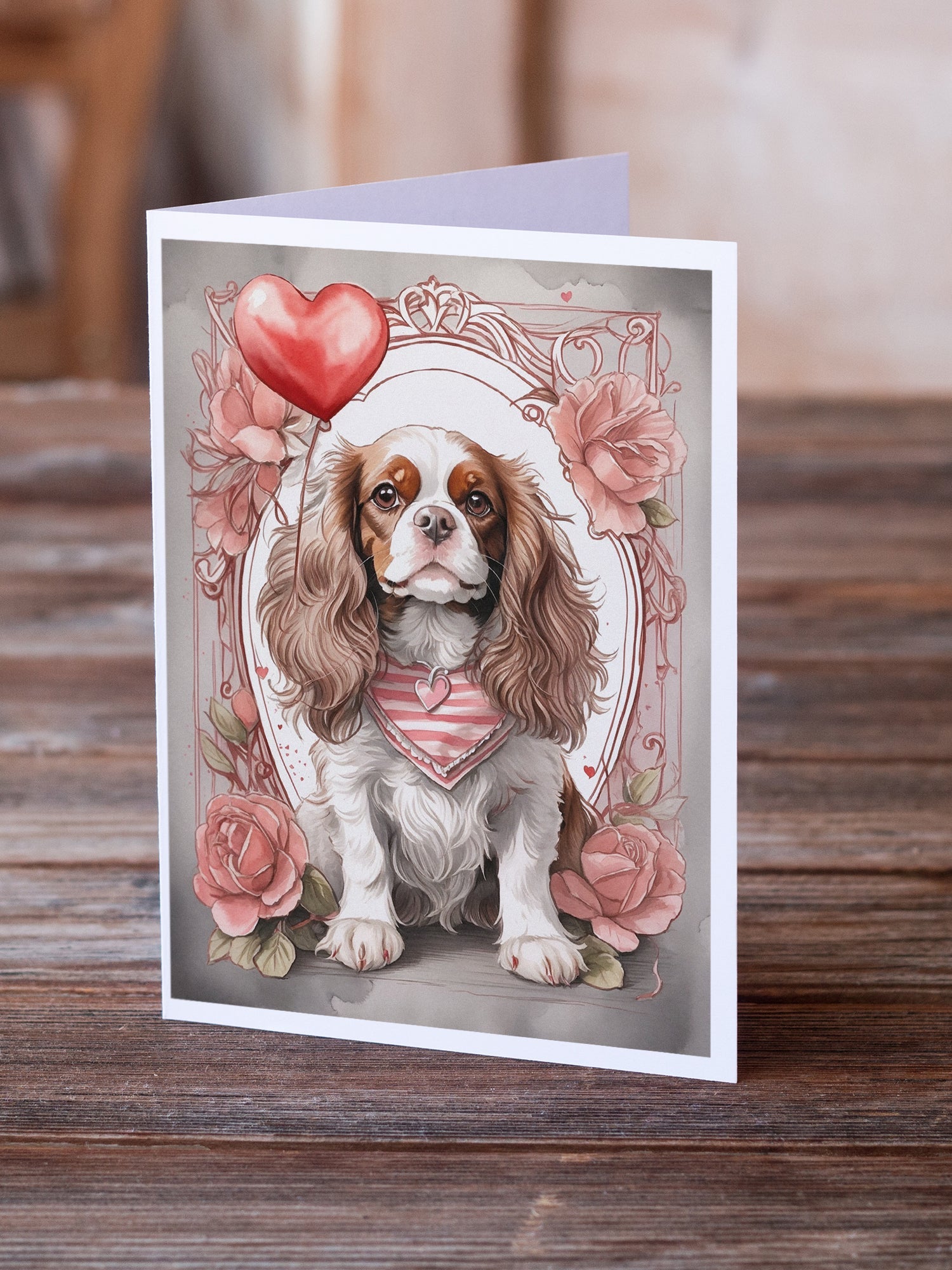 Cavalier Spaniel Valentine Roses Greeting Cards Pack of 8 Blank Cards with Envelopes Whimsical A7 Size 5x7