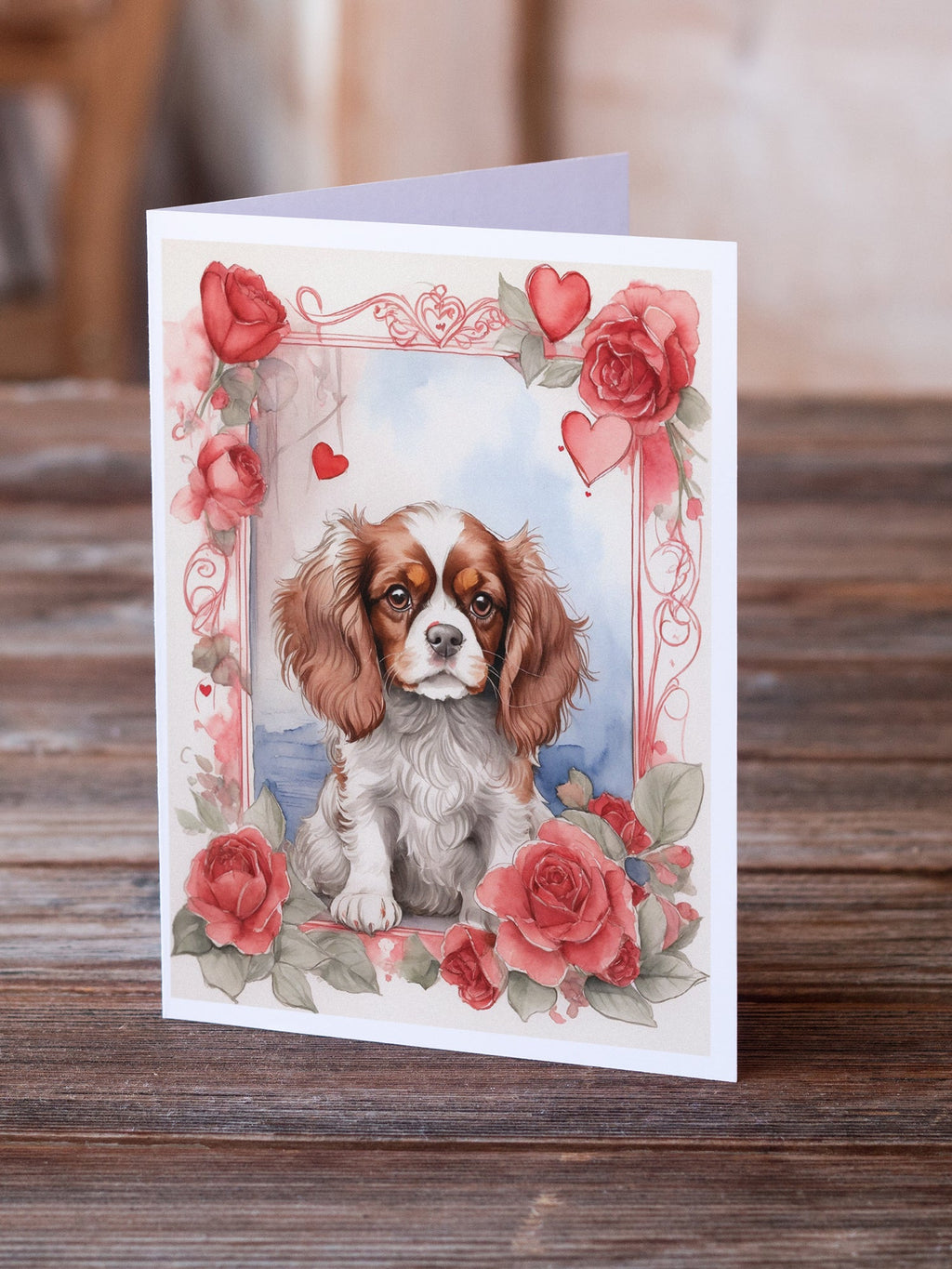 Cavalier Spaniel Valentine Roses Greeting Cards Pack of 8 Blank Cards with Envelopes Whimsical A7 Size 5x7
