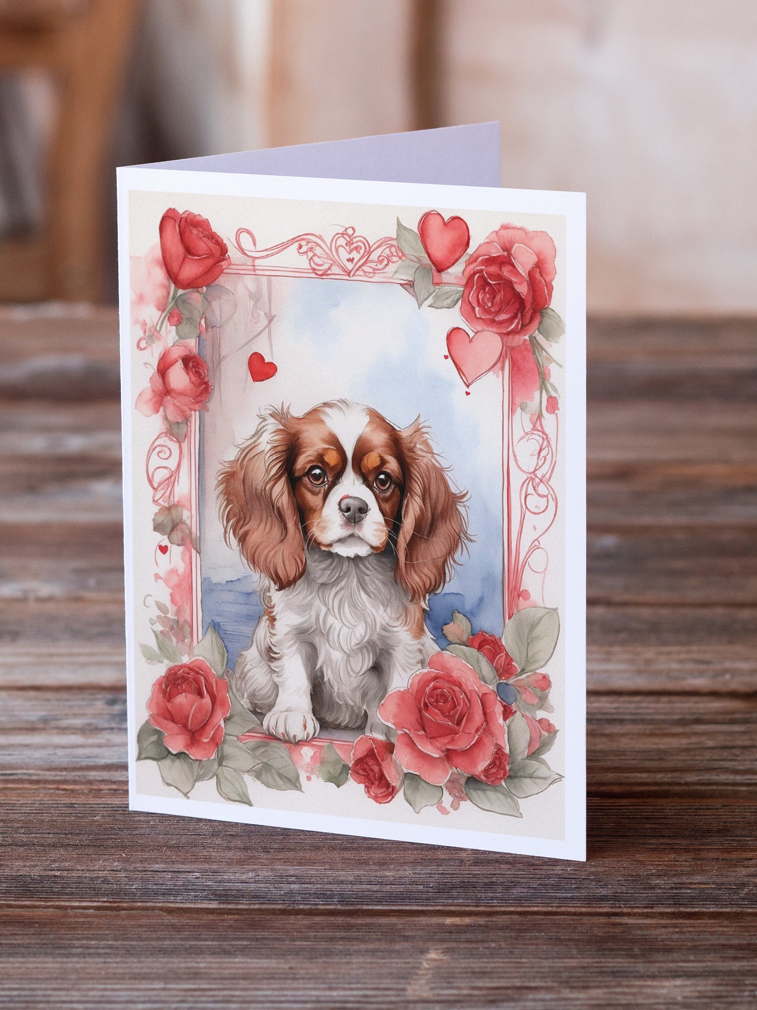 Cavalier Spaniel Valentine Roses Greeting Cards Pack of 8 Blank Cards with Envelopes Whimsical A7 Size 5x7