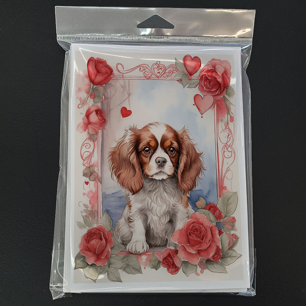 Cavalier Spaniel Valentine Roses Greeting Cards Pack of 8 Blank Cards with Envelopes Whimsical A7 Size 5x7