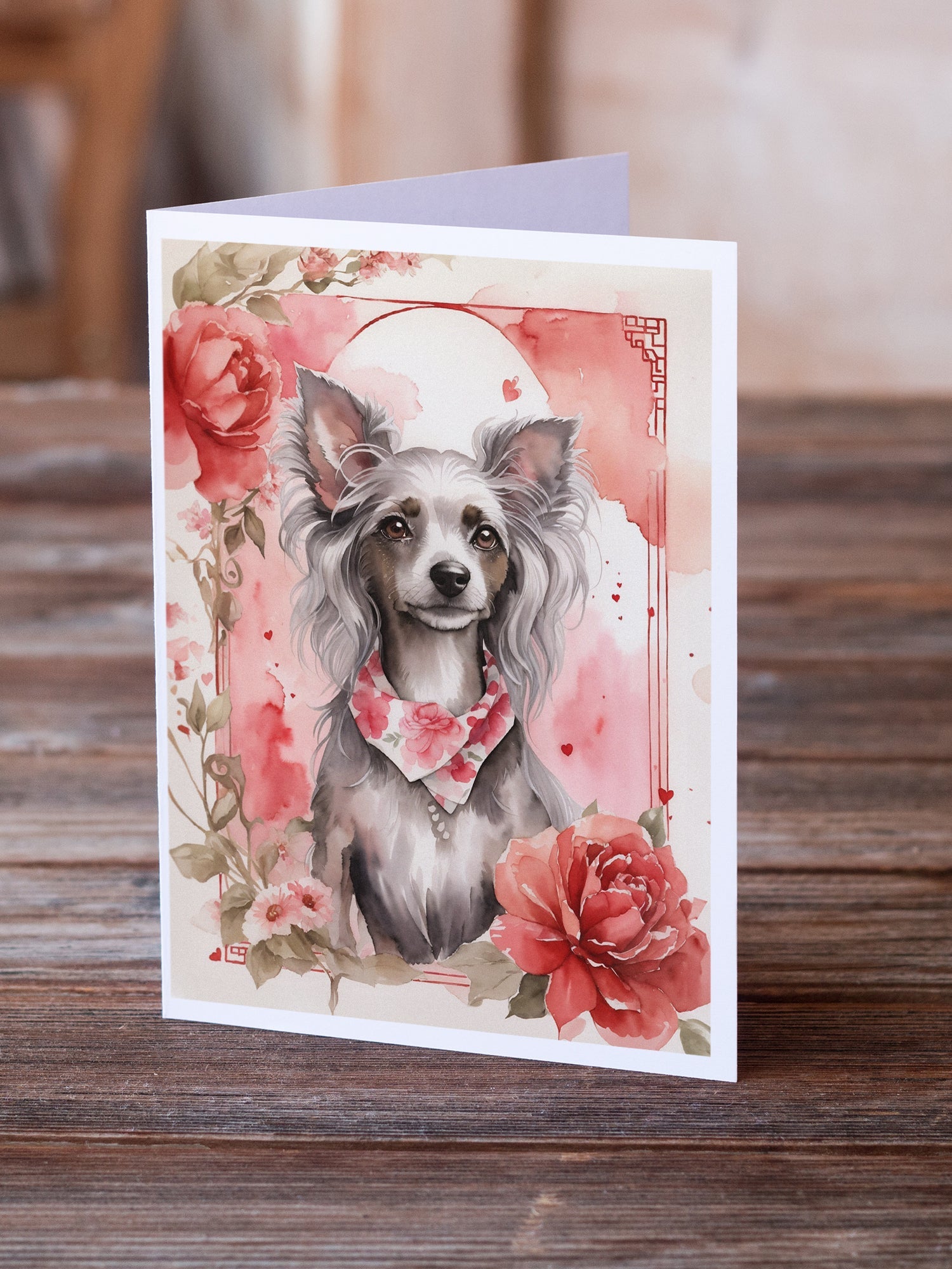 Chinese Crested Valentine Roses Greeting Cards Pack of 8 Blank Cards with Envelopes Whimsical A7 Size 5x7