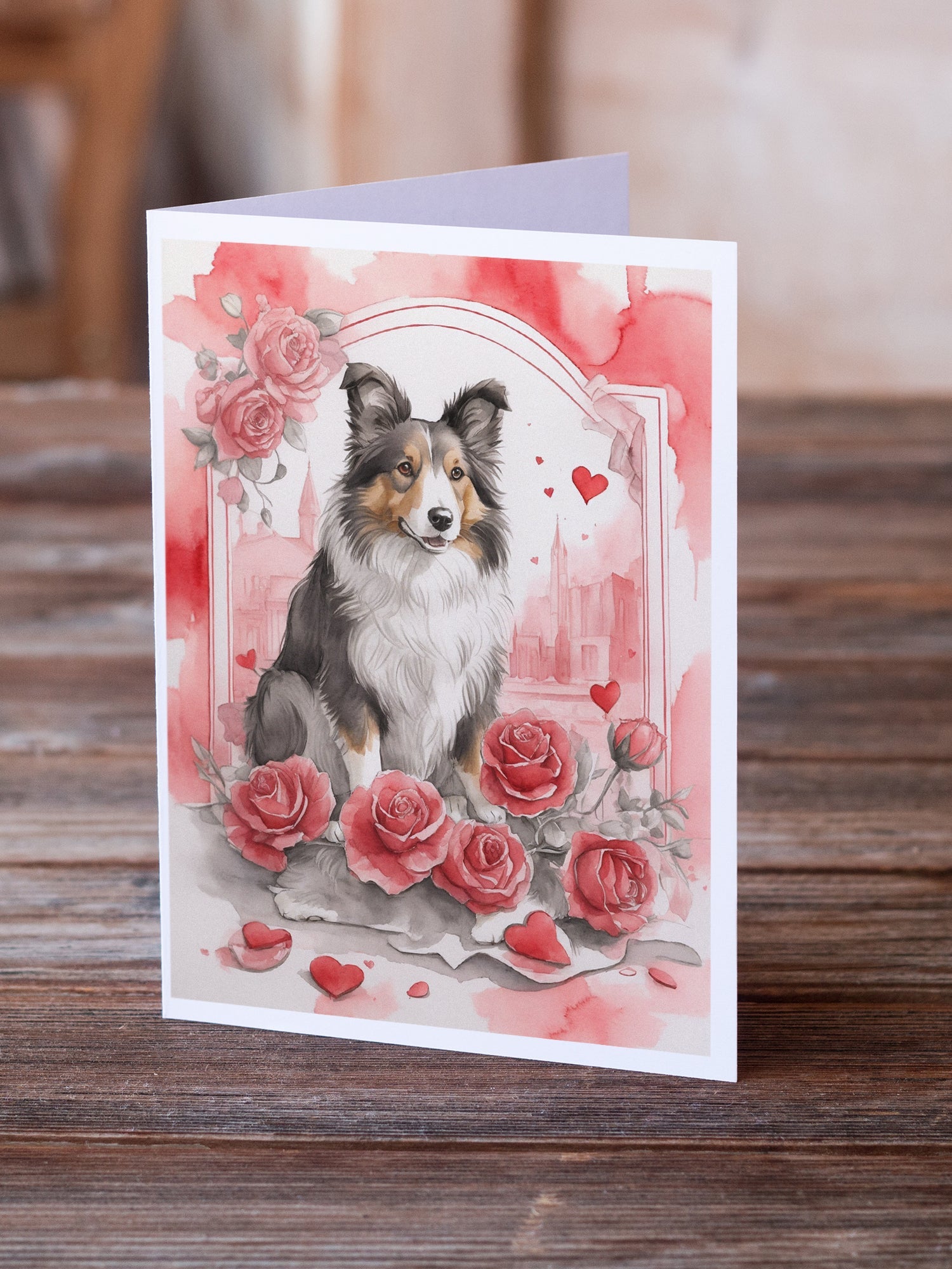 Collie Valentine Roses Greeting Cards Pack of 8 Blank Cards with Envelopes Whimsical A7 Size 5x7