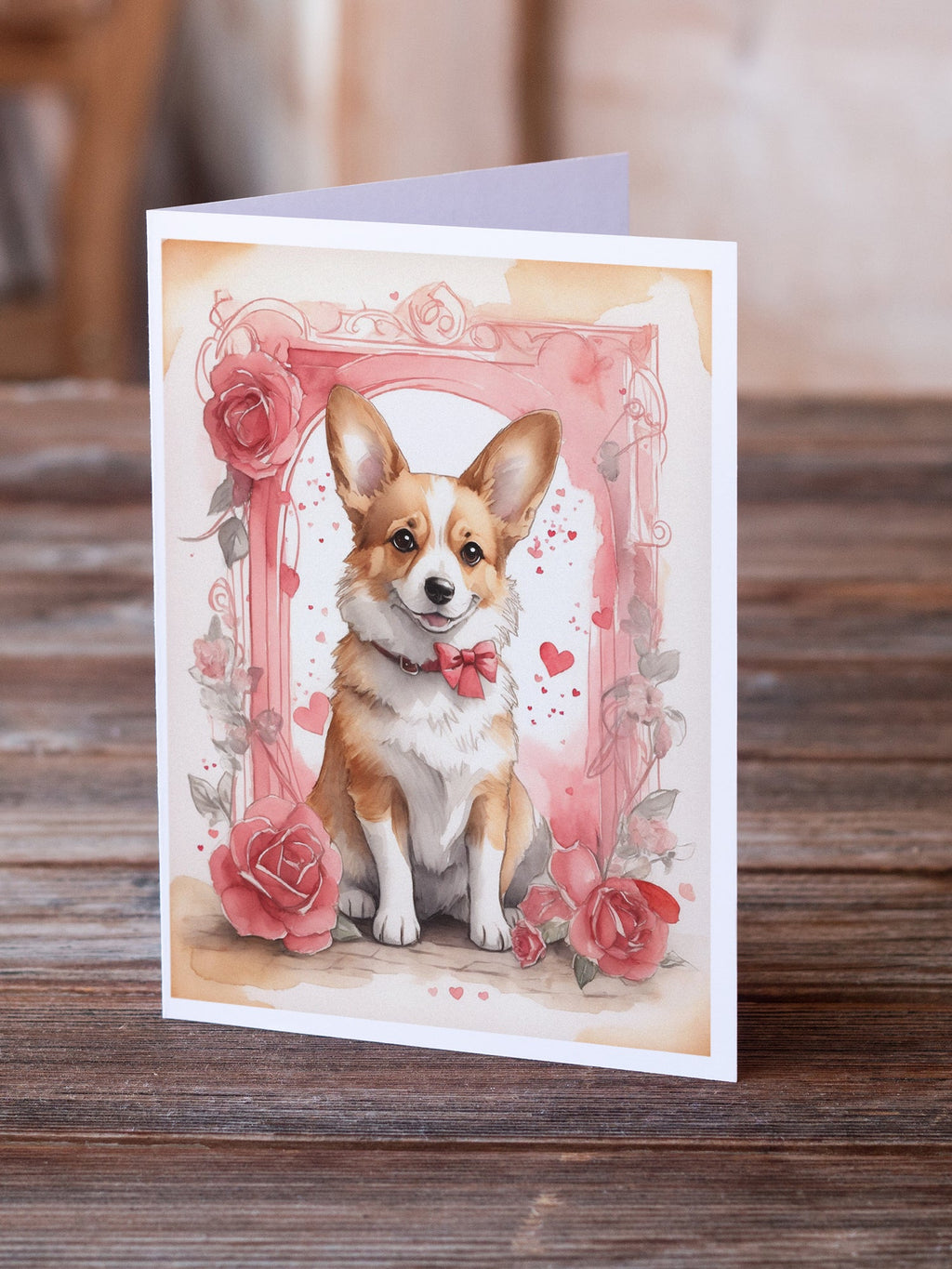 Corgi Valentine Roses Greeting Cards Pack of 8 Blank Cards with Envelopes Whimsical A7 Size 5x7