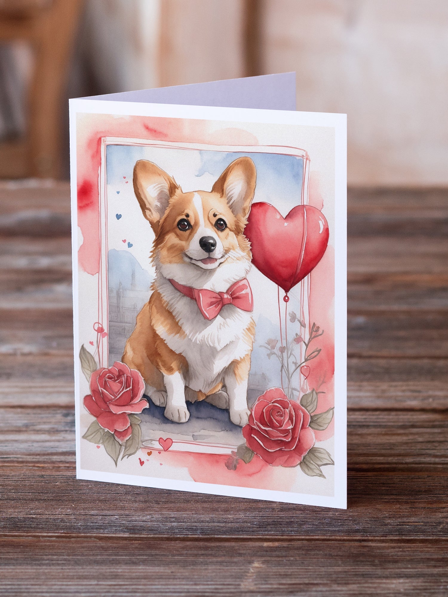 Corgi Valentine Roses Greeting Cards Pack of 8 Blank Cards with Envelopes Whimsical A7 Size 5x7