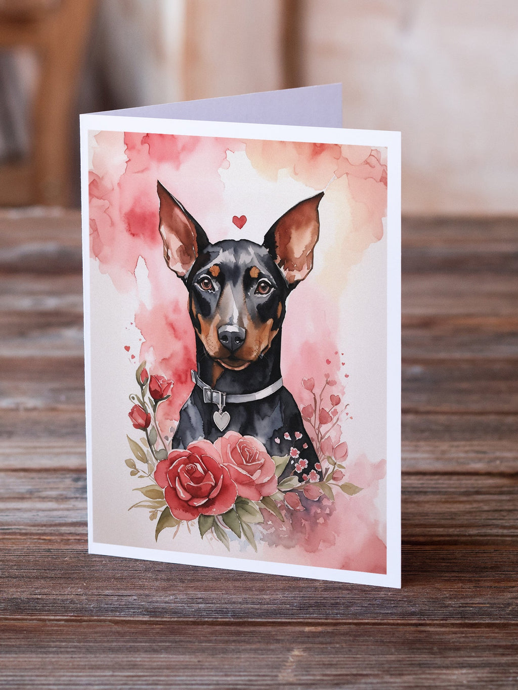 Doberman Pinscher Valentine Roses Greeting Cards Pack of 8 Blank Cards with Envelopes Whimsical A7 Size 5x7