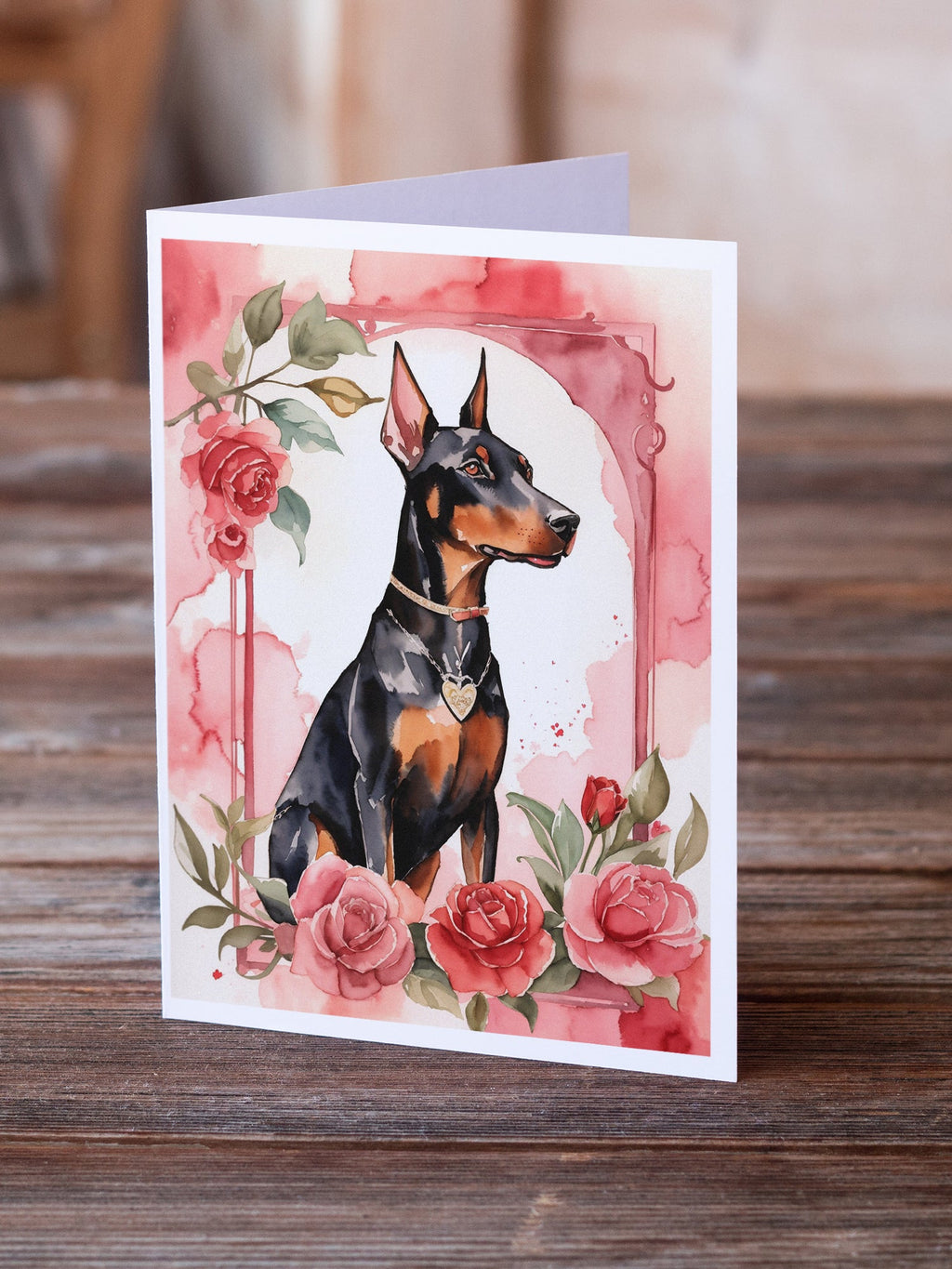 Doberman Pinscher Valentine Roses Greeting Cards Pack of 8 Blank Cards with Envelopes Whimsical A7 Size 5x7