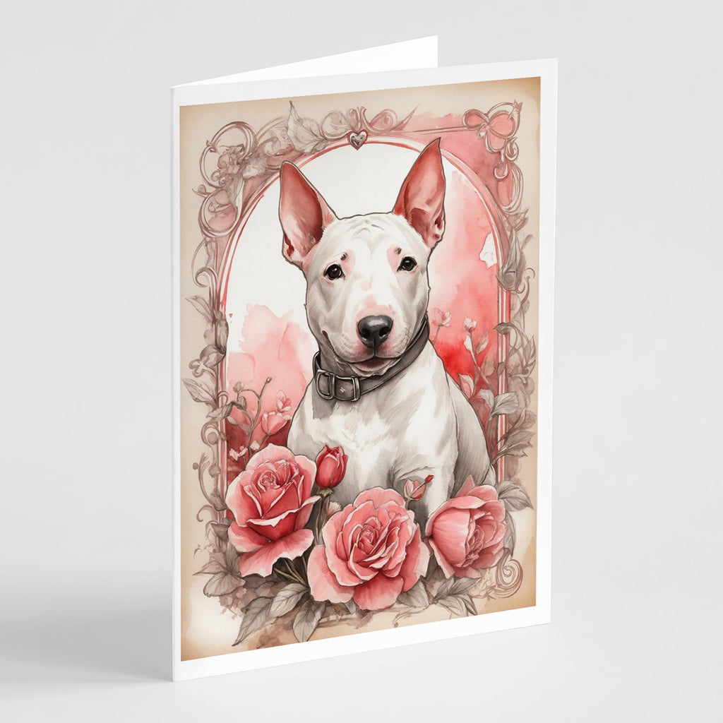 English Bull Terrier Valentine Roses Greeting Cards Pack of 8 Blank Cards with Envelopes Whimsical A7 Size 5x7