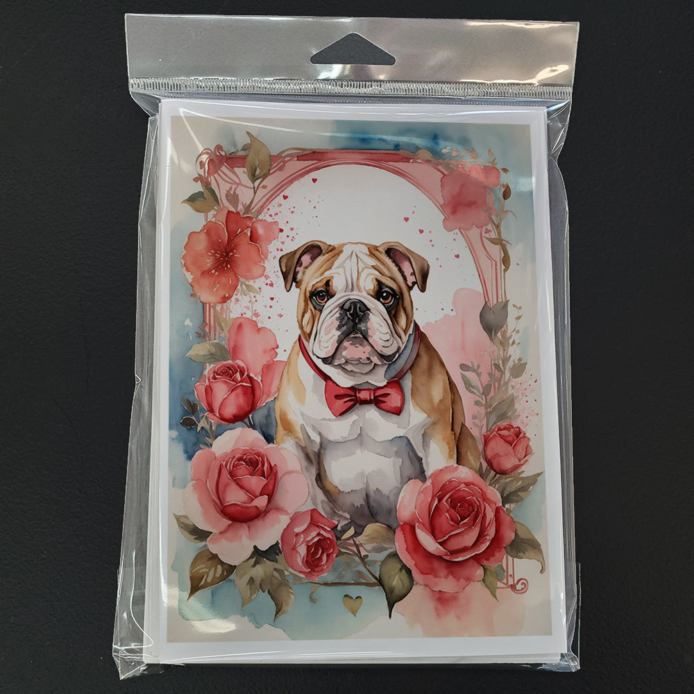 English Bulldog Valentine Roses Greeting Cards Pack of 8 Blank Cards with Envelopes Whimsical A7 Size 5x7